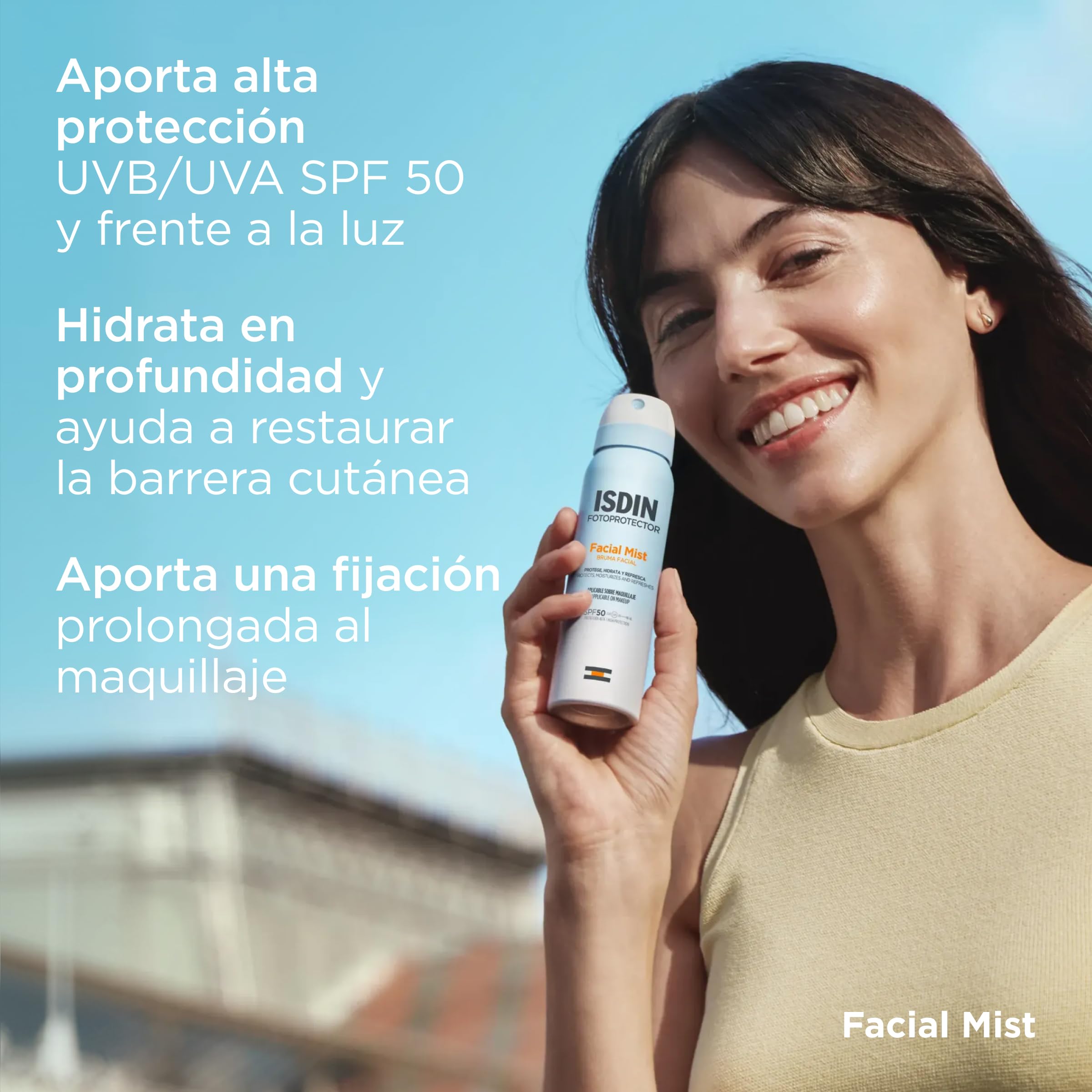 ISDIN Facial Mist SPF 50 (100 ml) | Ultra cienka i niewidoczna mgiełka do twarzy | chroni, nawilża i utrwala makijaż, promienna skóra, odporna na działanie wody, odpowiednia dla skóry wrażliwej