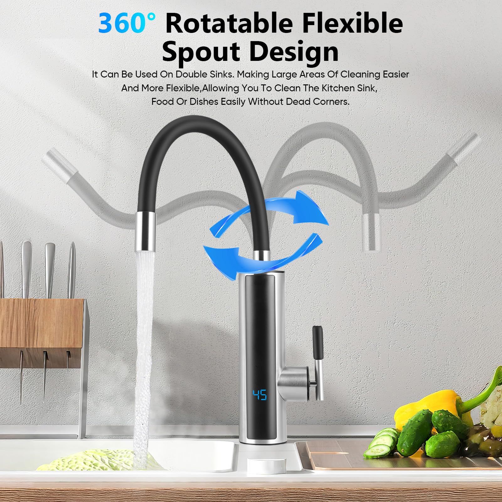 Rubinetto Elettrico Con Scaldabagno 3000W – Acqua Calda Istantanea In 3s, Display LCD, Acciaio Inox, Girevole 360° Per Cucina E Bagno