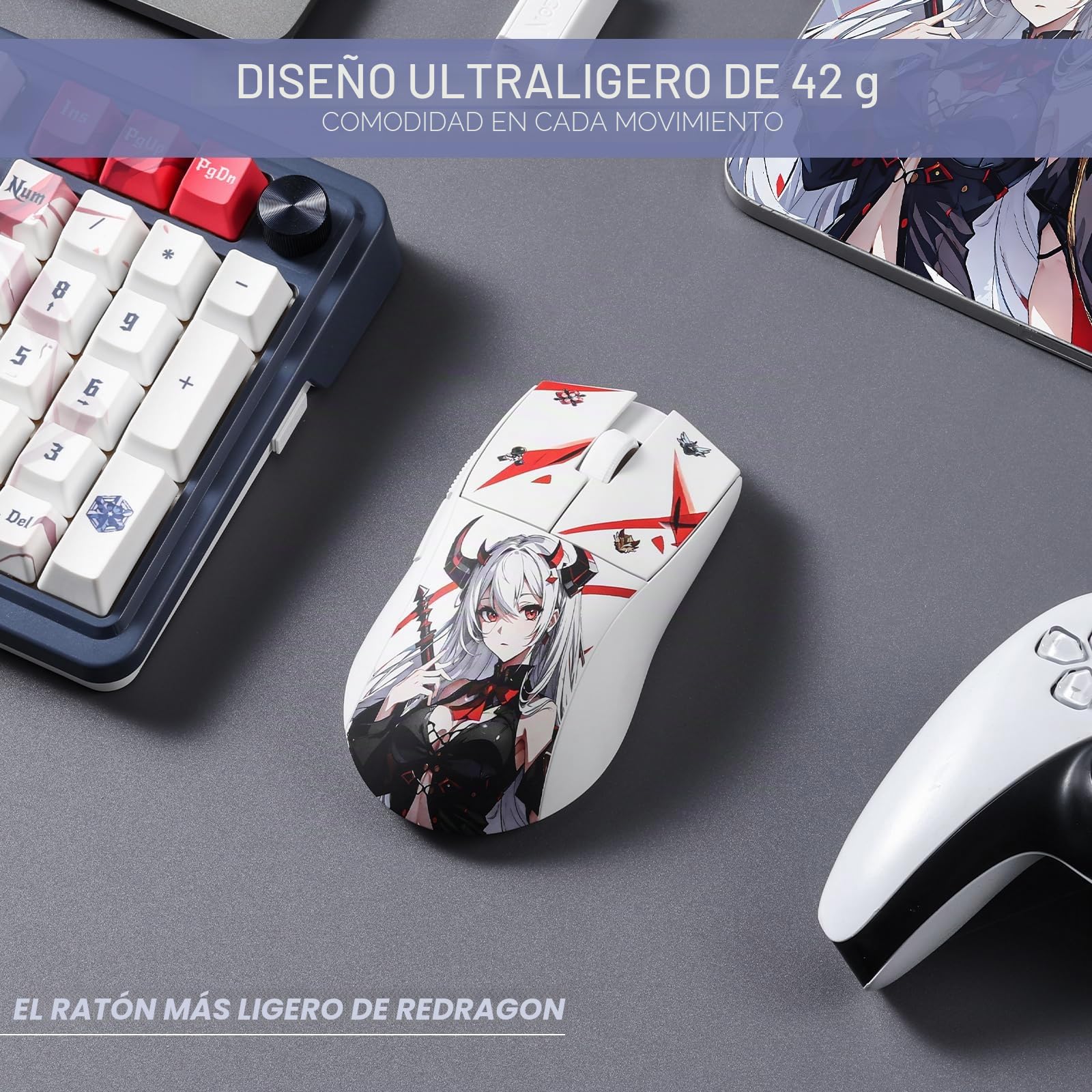 Redragon M916AK PRO - Ratón de juego de anime 3 modos, 42 G, ultraligero, 26 K DPI, conergonómico agarre natural, botones programables, software compatible