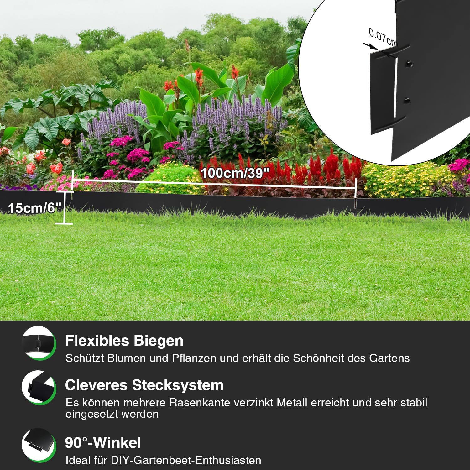 Rasenkante Metall 5m X 18cm - Verzinkte Beeteinfassung Schwarz