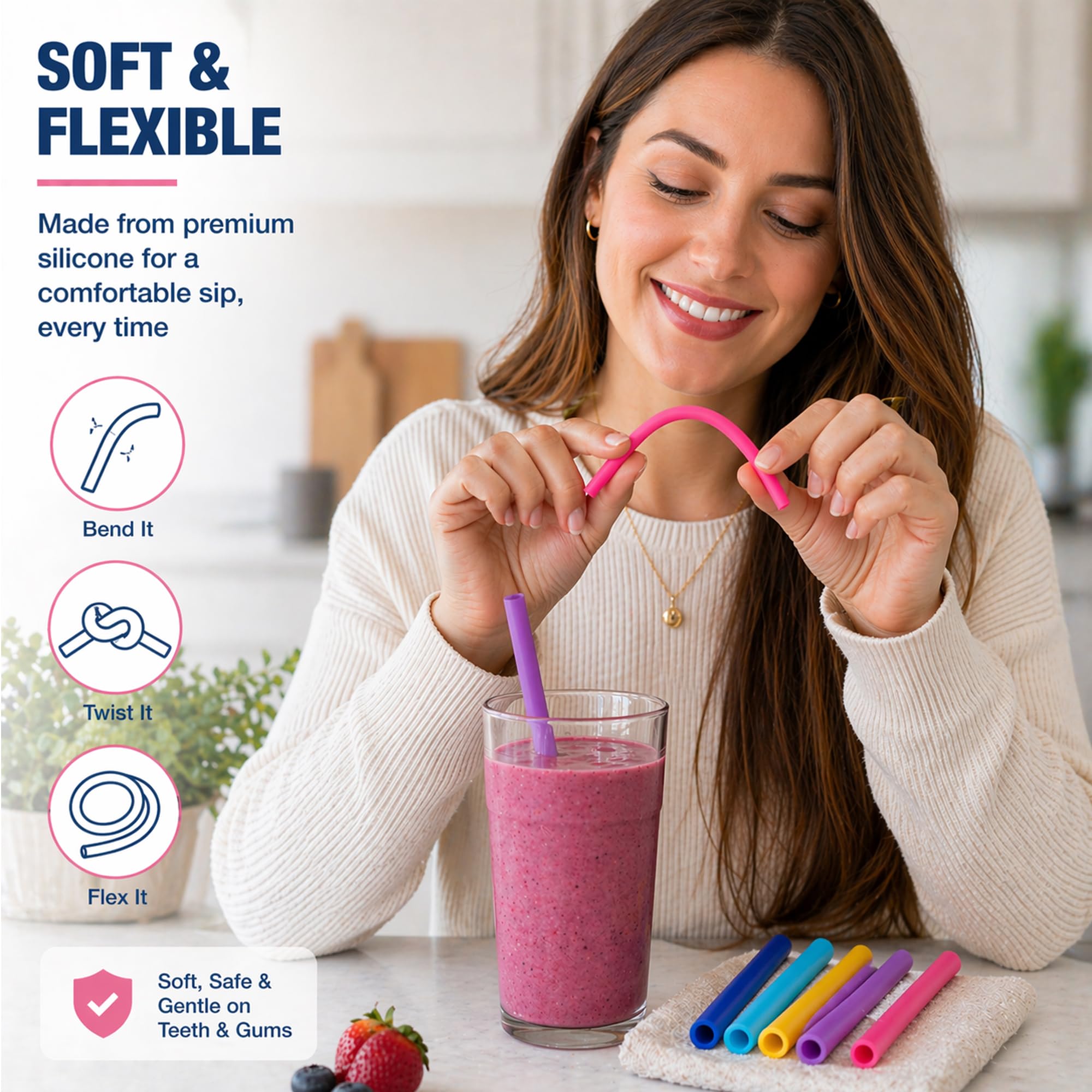 Wiederverwendbare Silikon-Trinkhalme, BPA-frei, inklusive Reinigungsbürste, 25,4 cm lang, extra breit, tolles Geschenk für Smoothies und Bubble Tee-Liebhaber, 5 Stück