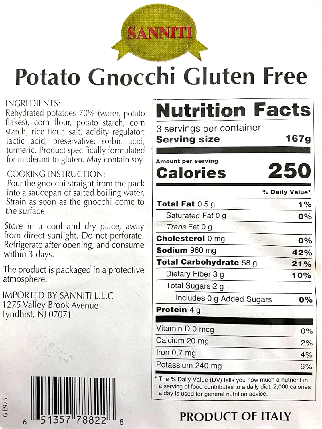 Sanniti Italian Gluten Free Potato Gnocchi, 17.5 oz (500 g) (Pack of 4)
