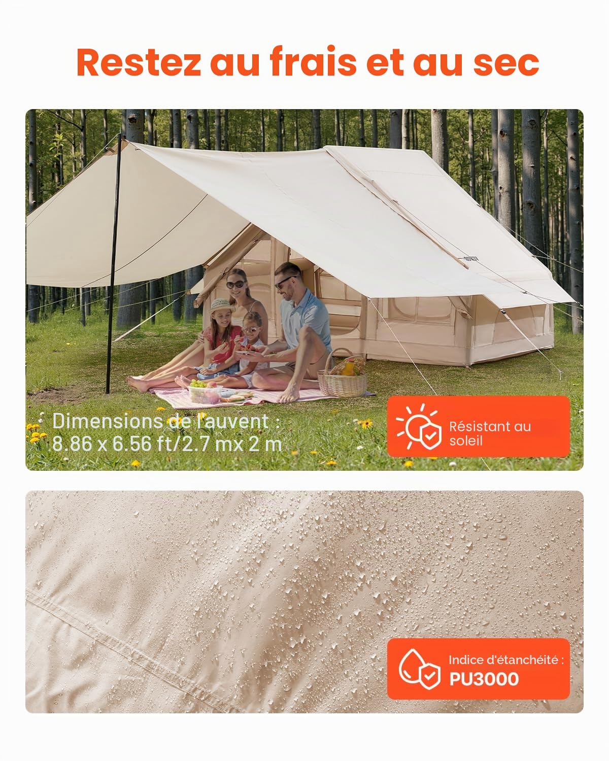 VEVOR Tentes gonflables pour camping, installation facile, tente de camping gonflable avec pompe à main, tente de glamping 4 saisons Oxford 300D avec cric de poêle, sac de rangement inclus pour une