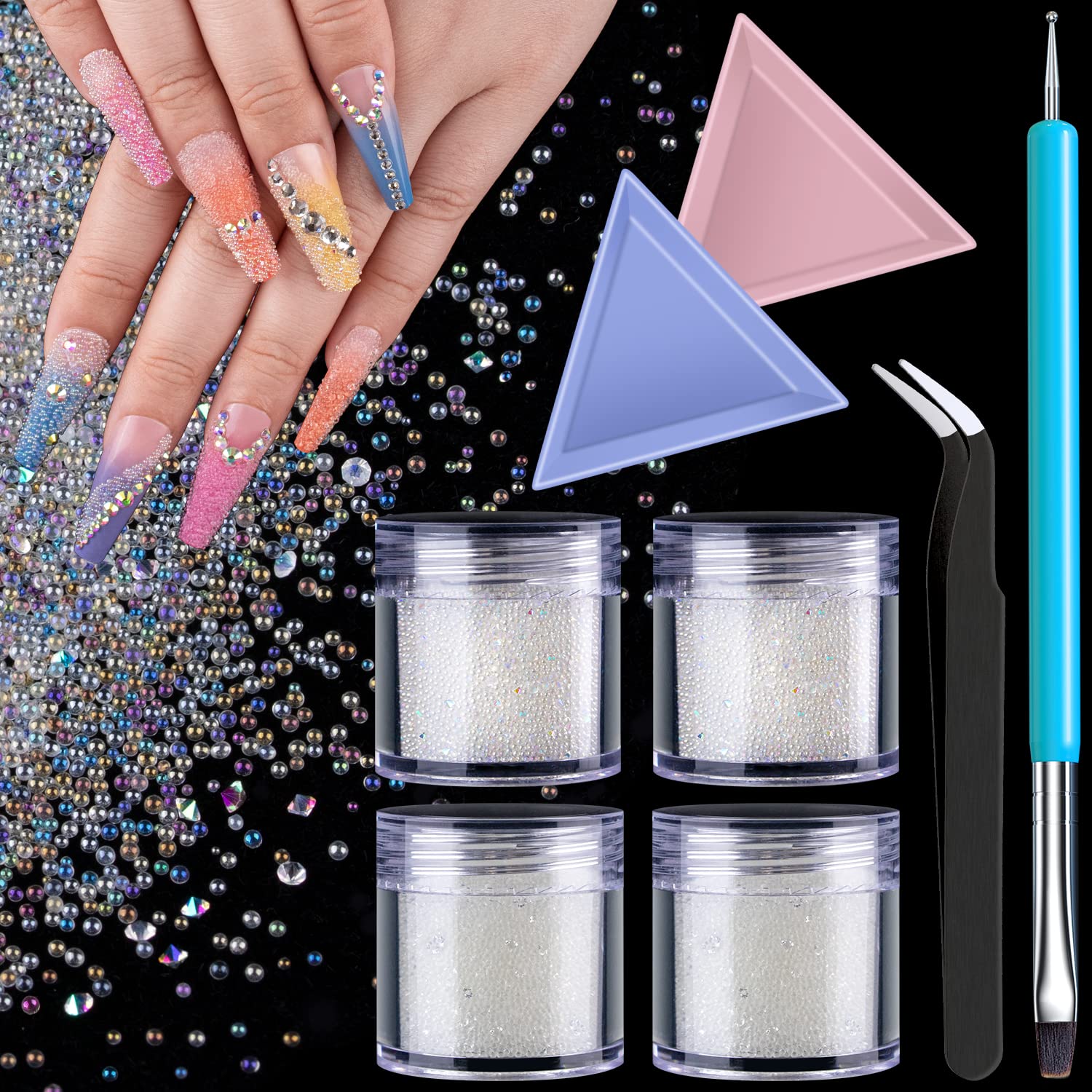 Nail Rhinestones Crystals for Nail Art Set #4,Micro Pixie Caviar Beads AB/Clear Round Iridescent Long Lasting Shine Rhinestone Bead Gem Jewelry Diamond