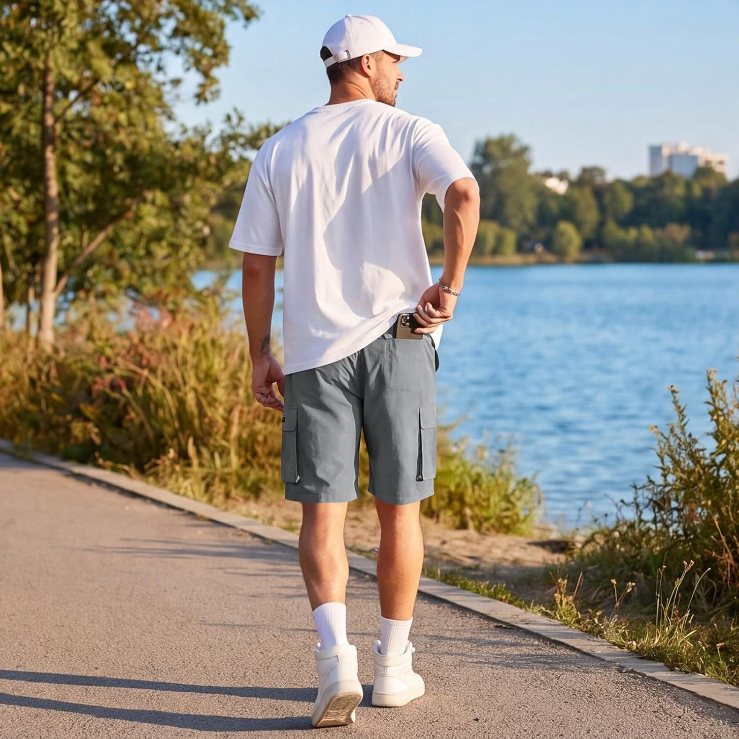 Men's Elastic Waist Cargo Shorts Casual Multi Pocket Drawstring Shorts for Daily & Outdoor Activities