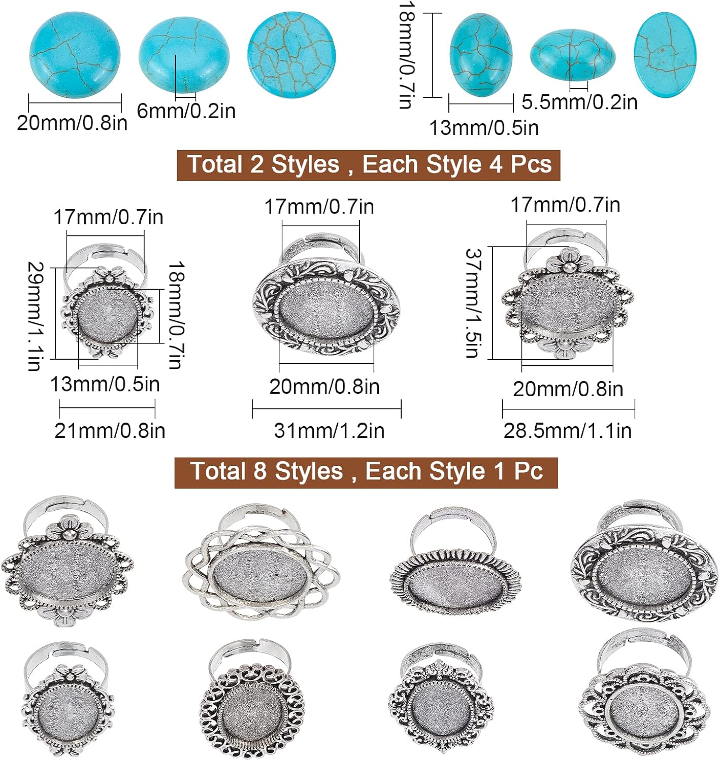 SUNNYCLUE 8 Sets 2 Styles DIY Gemstone Cabochon Ring Setting Including Adjustable Oval Flat Round Ring Blank & Oval Turquoise Cabochons for Women Beginners DIY Ring Jewellery Making Crafts