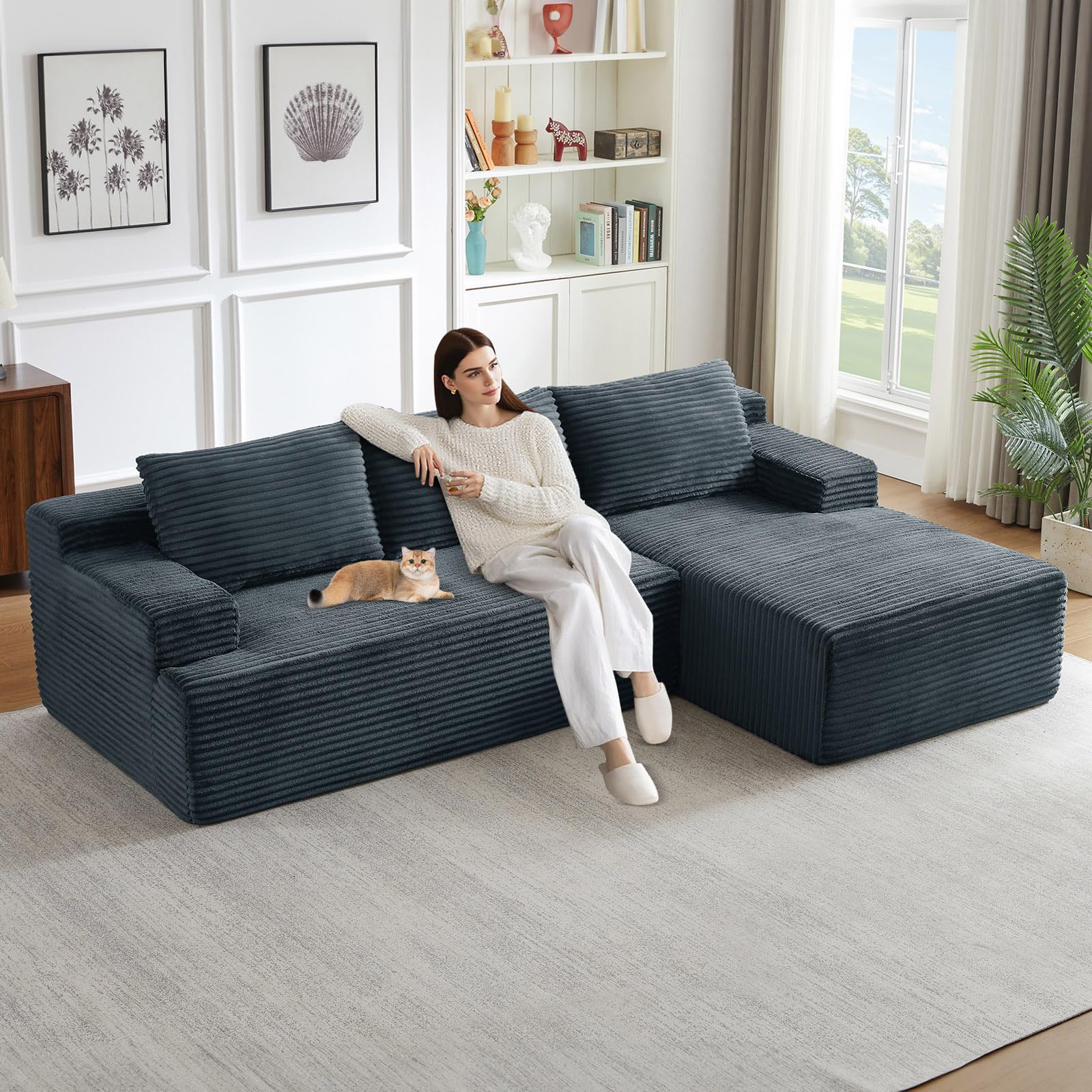 96" Modular Sectional Sofa, Modern Corduroy Cloud Couch, Boneless Couch Upholstered 3-Seater L-Shaped Sofa for Living Room, No Assembly Required (Dark Grey, Right-Facing Chaise)