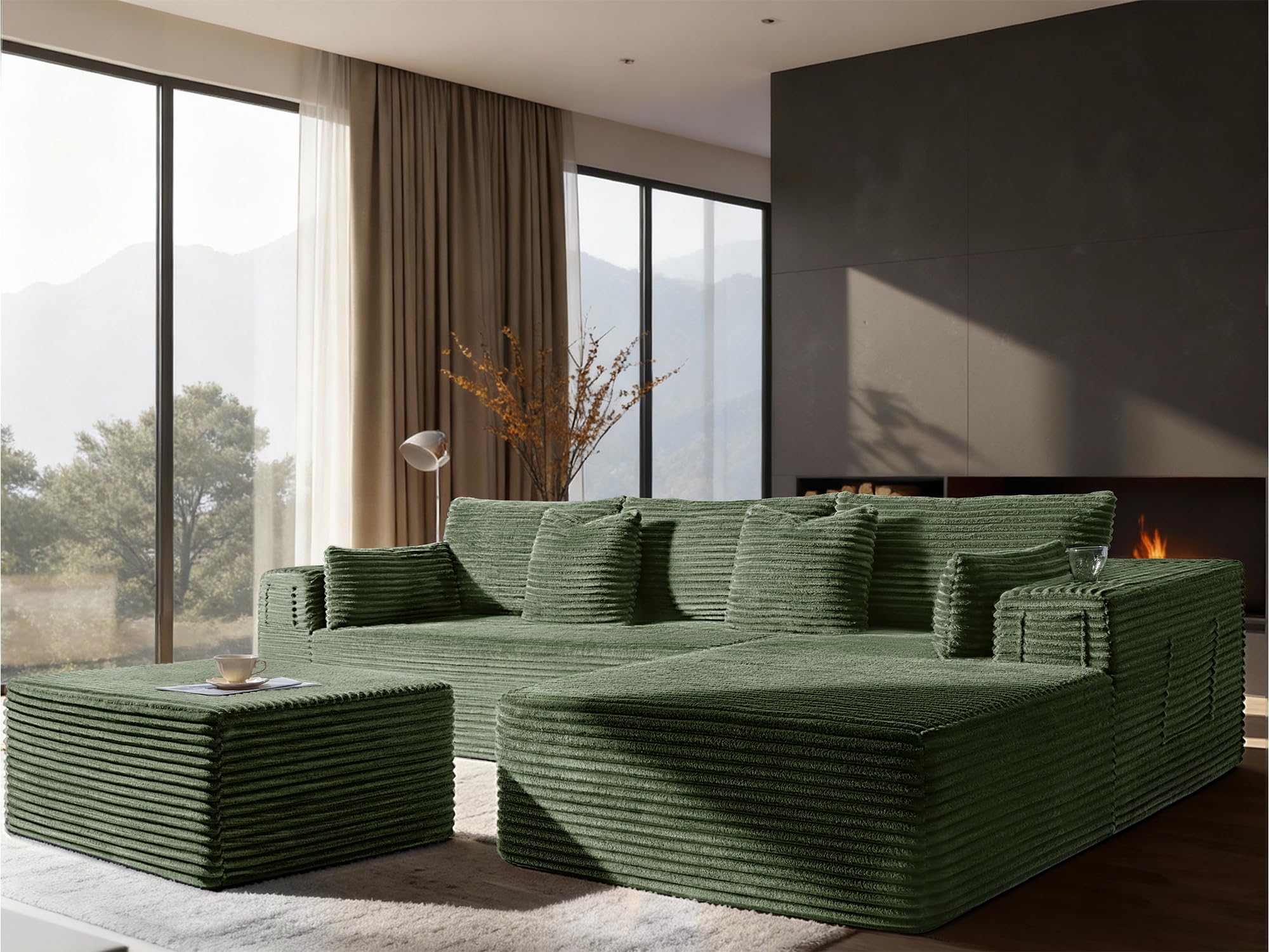 Oversized 108" Cloud Sectional Couch, Comfort U Shaped Boneless Couch for Living Room, Extra Deep Seats No Assembly, Modular Sofa, Corduroy (Olive Green, 2 Seater+Right Facing Chaise+Ottoman)