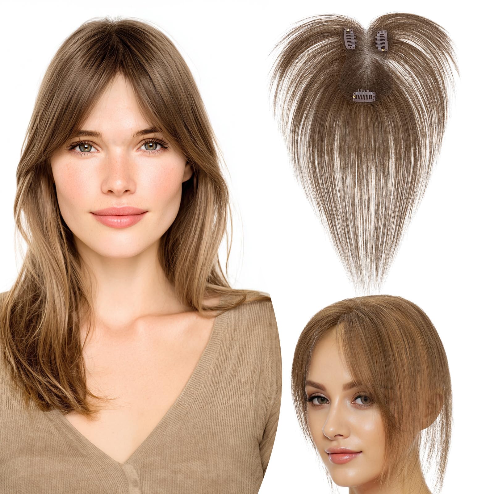 SEGO Pro Remy Human Hair Topper for Women, 711 cm Hand-Tied Clip-In Fringe Hairpiece with Temples, 11" Length, 14 g Side Fringe - Medium Brown