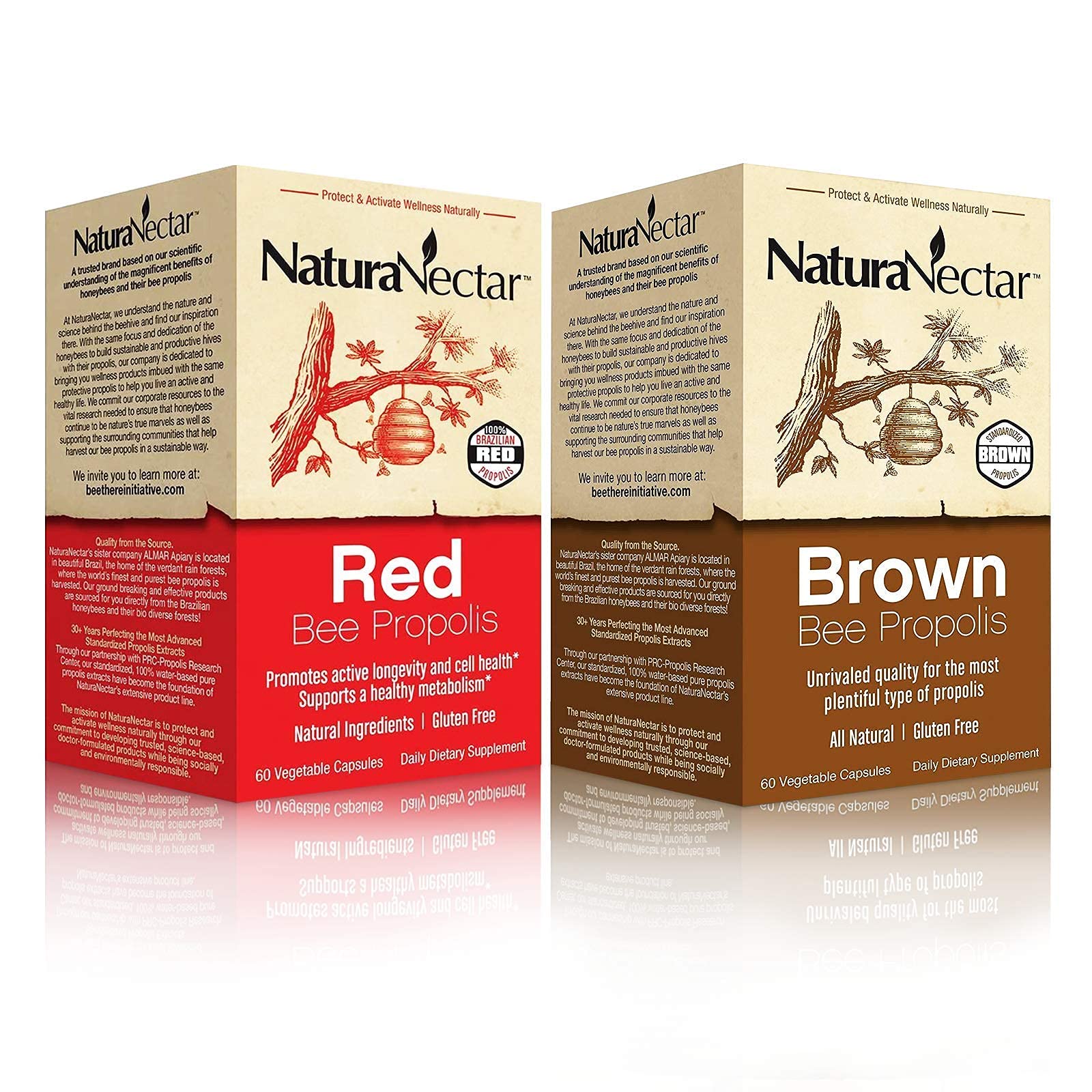 NaturaNectarNatural Bee Propolis Bundle - Red Propolis and Brown Propolis - for Immune Support, Respiratory Health and Healthy Metabolism - 60 Capsules per Bottle