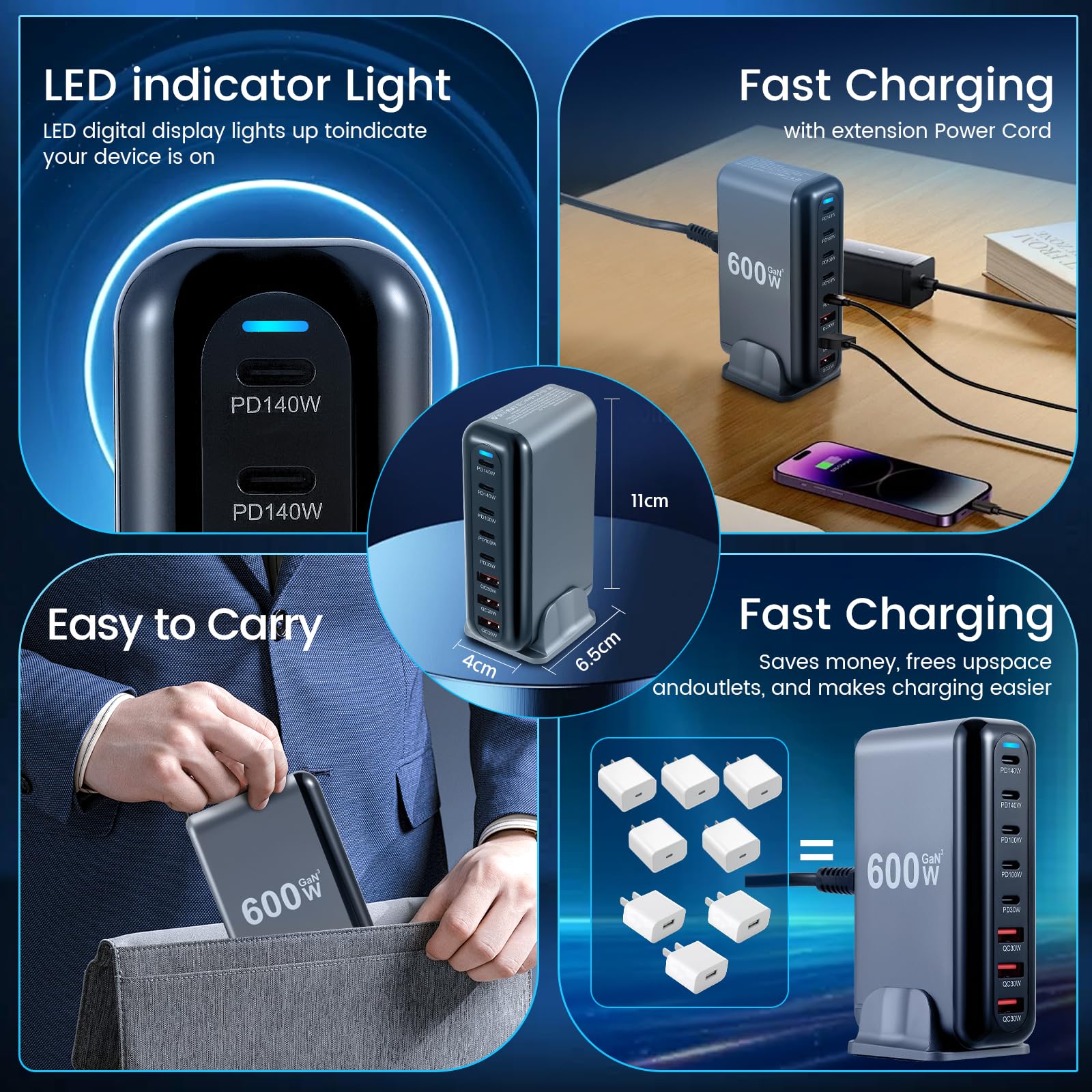 600W Caricatore USB Multiplo, 8 Porte Stazione di Ricarica Veloce Caricabatterie USB C PD PPS 140W Alimentazione Rapido per Laptop Telefono Cellulare