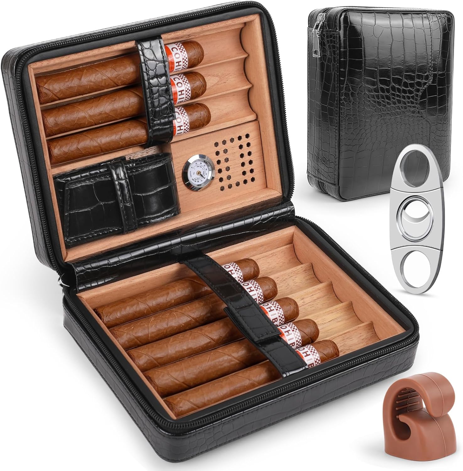 Travel Cigar Humidor Case – 8 Cigar Portable Cigar Travel Case with Cedar Wood Lining, Built-in Hygrometer & Humidifier, Leather-Style Cigar Humidor Case for Men (Dark Gray)