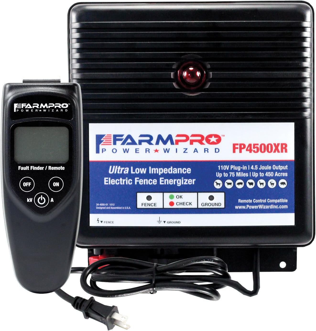 Farm Pro 4.5-Joule, Low-Impedance, 110-Volt Plug-In Fence Charger with Remote Control/Fault Finder