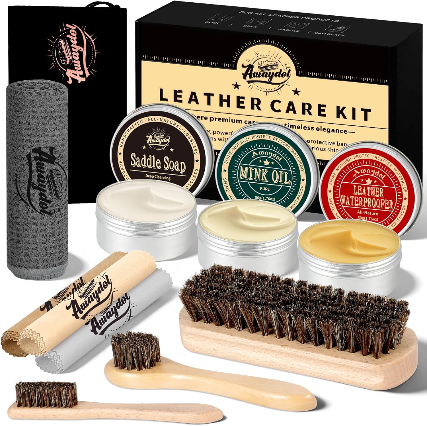 10 PCS Leather Care Kit - Horsehair Brushes,Saddle Soap,Waterproofing Wax,Mink Oil Conditioner,Polishing Cloth,Microfiber cloth,Boot Shoe Shine Cleaning Kit Gift for Men Cowboy Husband Dad