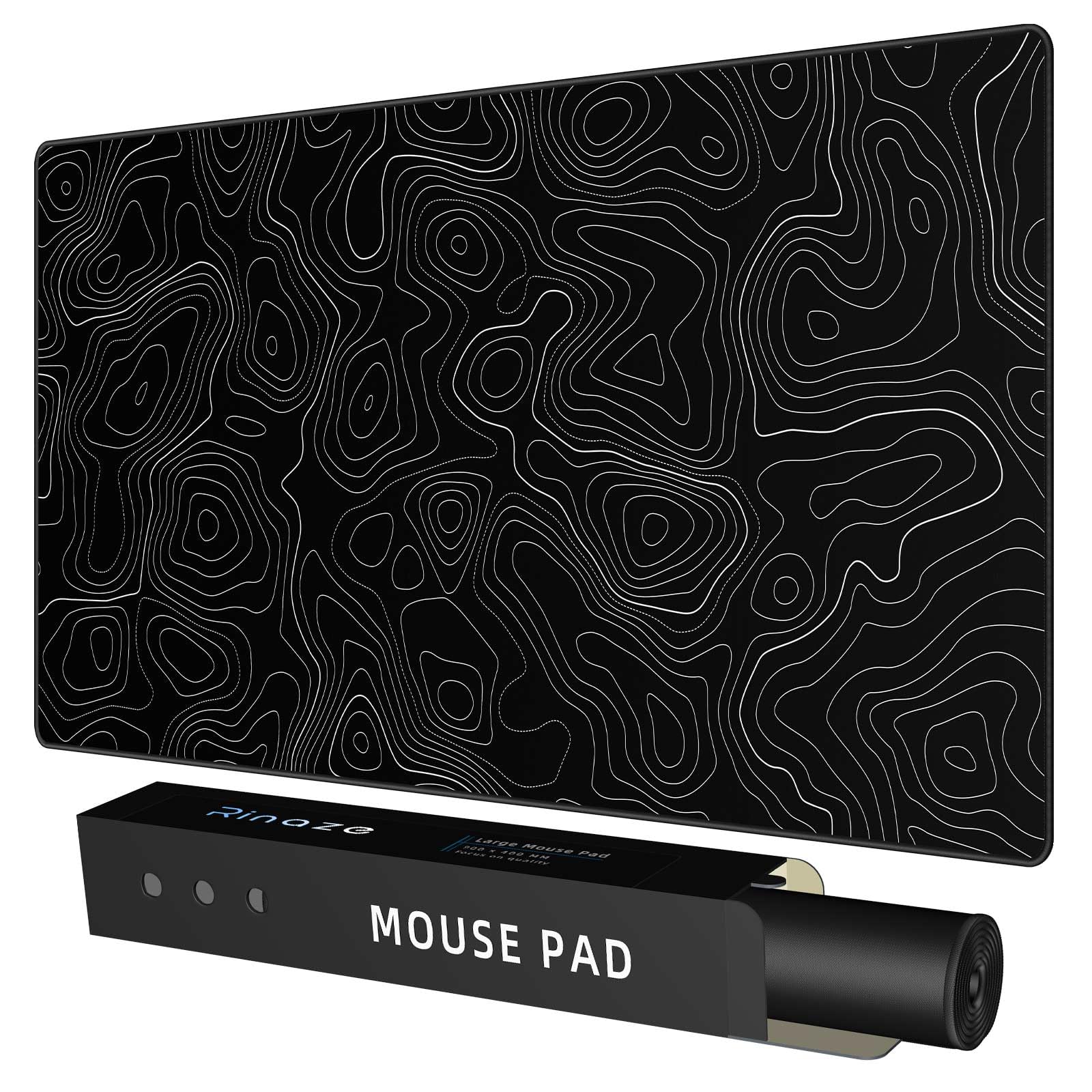Rinaze Large Mouse Pad Desk Mat with Black Topographic, Anti-Slip Keyboard Pad with Multifunctional, Comfortable Gaming Mousepad, Office Desk Accessories for Computer, Home and Gaming