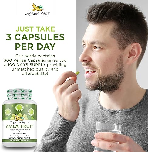 Miniatura 4 de Organic Veda Amla Cápsulas  1000 mg, 300 cápsulas orgánicas de fruta entera Amla en polvo  Vitamina C natural para inmunidad, brillo de la piel,
