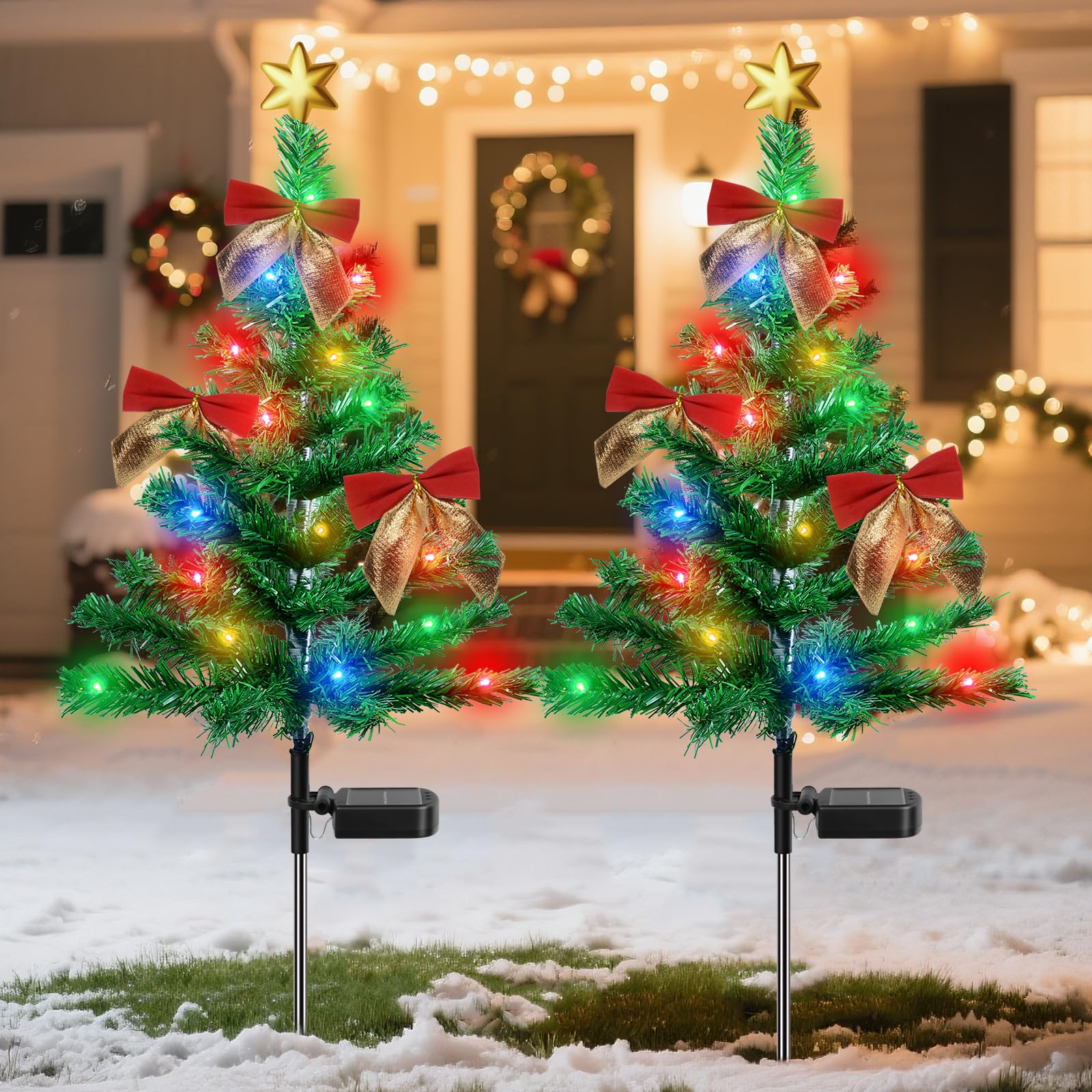 Qoosea Solar Christmas Tree Lights Outdoor, 2 Packs Solar Lights Christmas Decoration with LED Colorful and Red Berries, Waterproof Xmas Tree Pathway Light Decor for Garden Holiday Patio