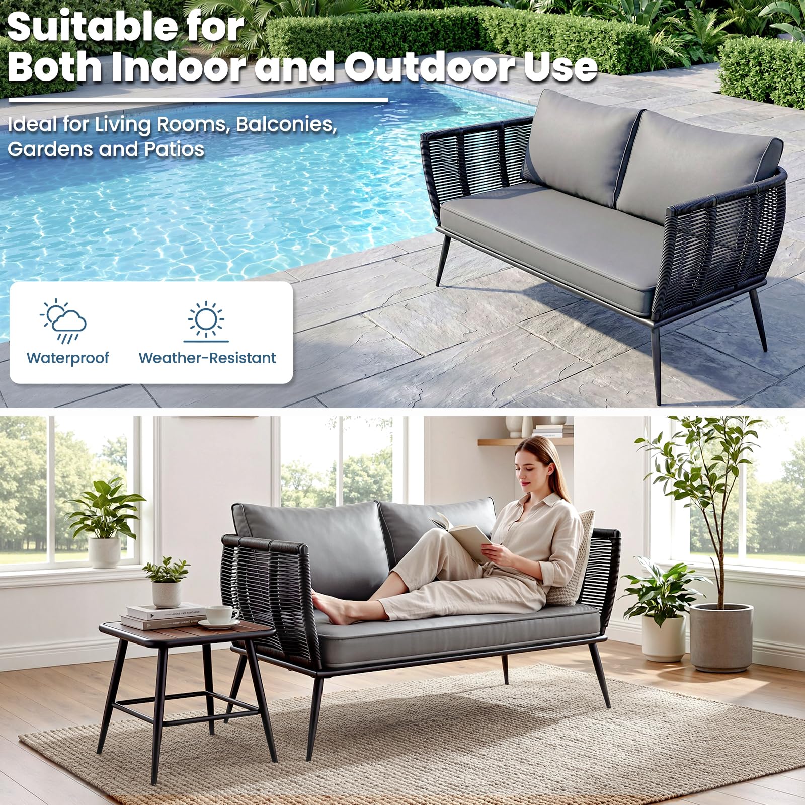 LIFERUN Sofá de ratán de 2 plazas, muebles de balcón, color negro, sofá, pequeño balcón, jardín de invierno, terraza, muebles de exterior e interior, banco de jardín resistente a la intemperie, banco