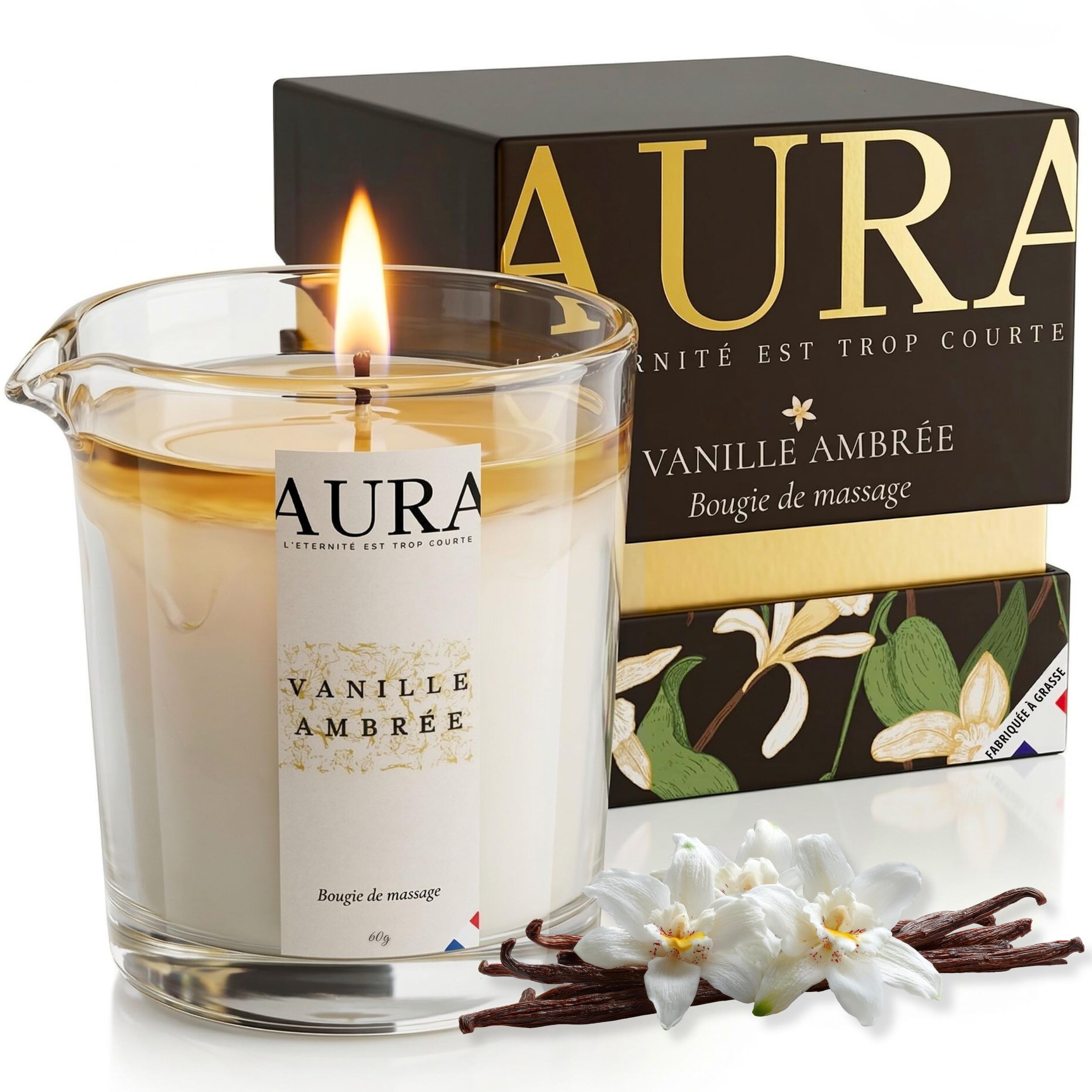 Bougie de Massage AURA Premium Vanille Ambrée | Fabriquée à Grasse | Cire d’Abeille & Soja, Huile de Coco | Se Transforme en Huile de Massage Nourrissante, Soin Corps Relaxant | Idée Cadeau