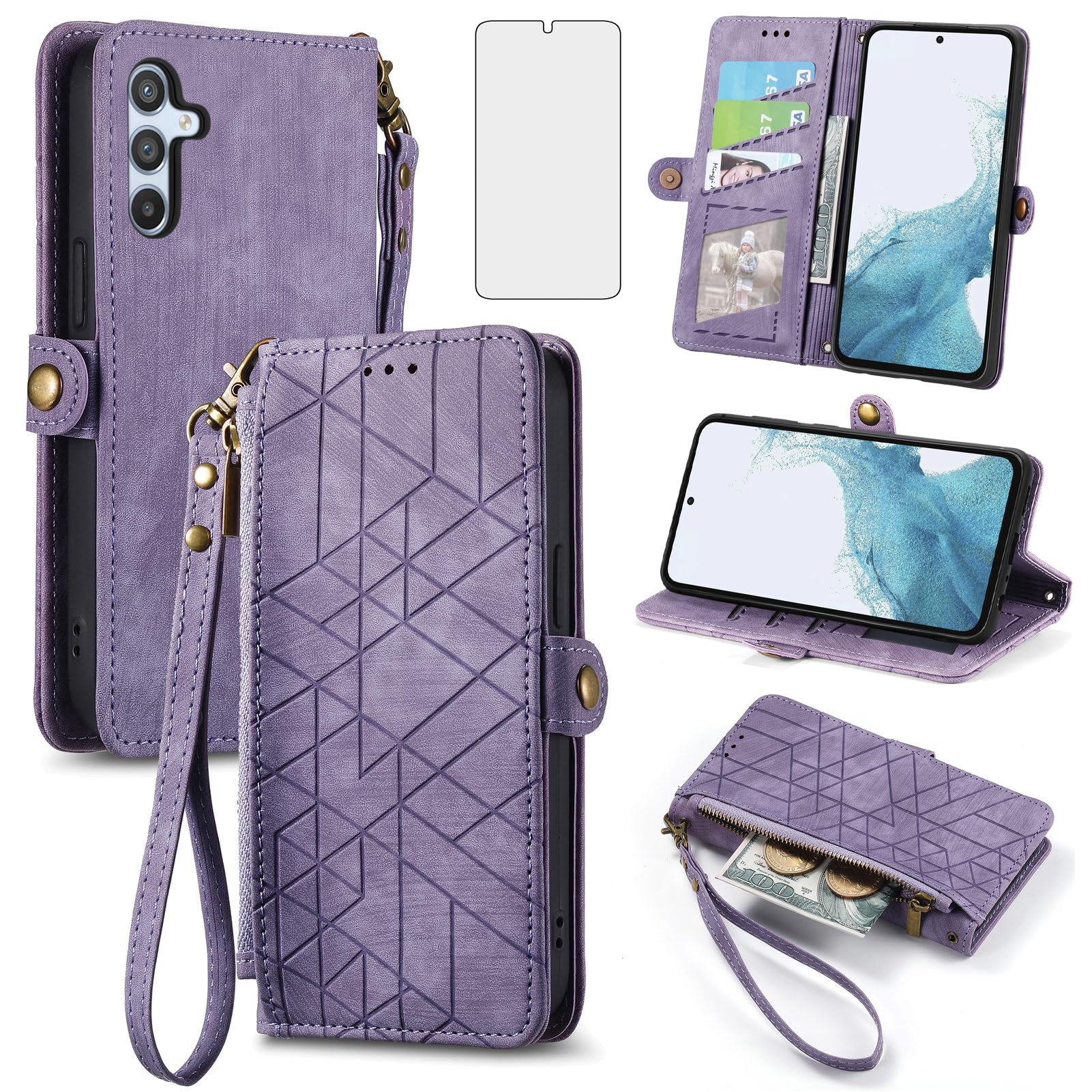 Asuwish Phone Case for Samsung Galaxy A54 5G Wallet Cover with Tempered Glass Screen Protector and Wrist Strap Leather Flip Zipper Credit Card Holder