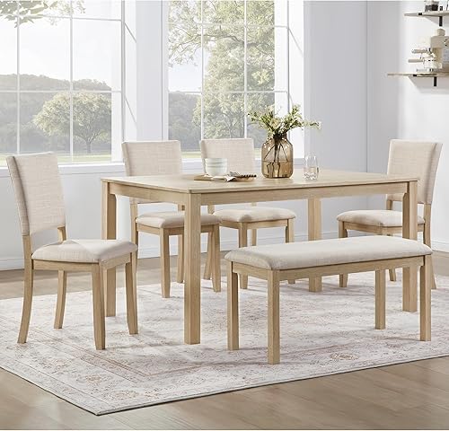 Miniatura 28 de KEIKI Juego de mesa de comedor de altura estándar de 6 piezas con mesa rectangular, 4 sillas tapizadas, banco, para 6 personas, juego de mesa de
