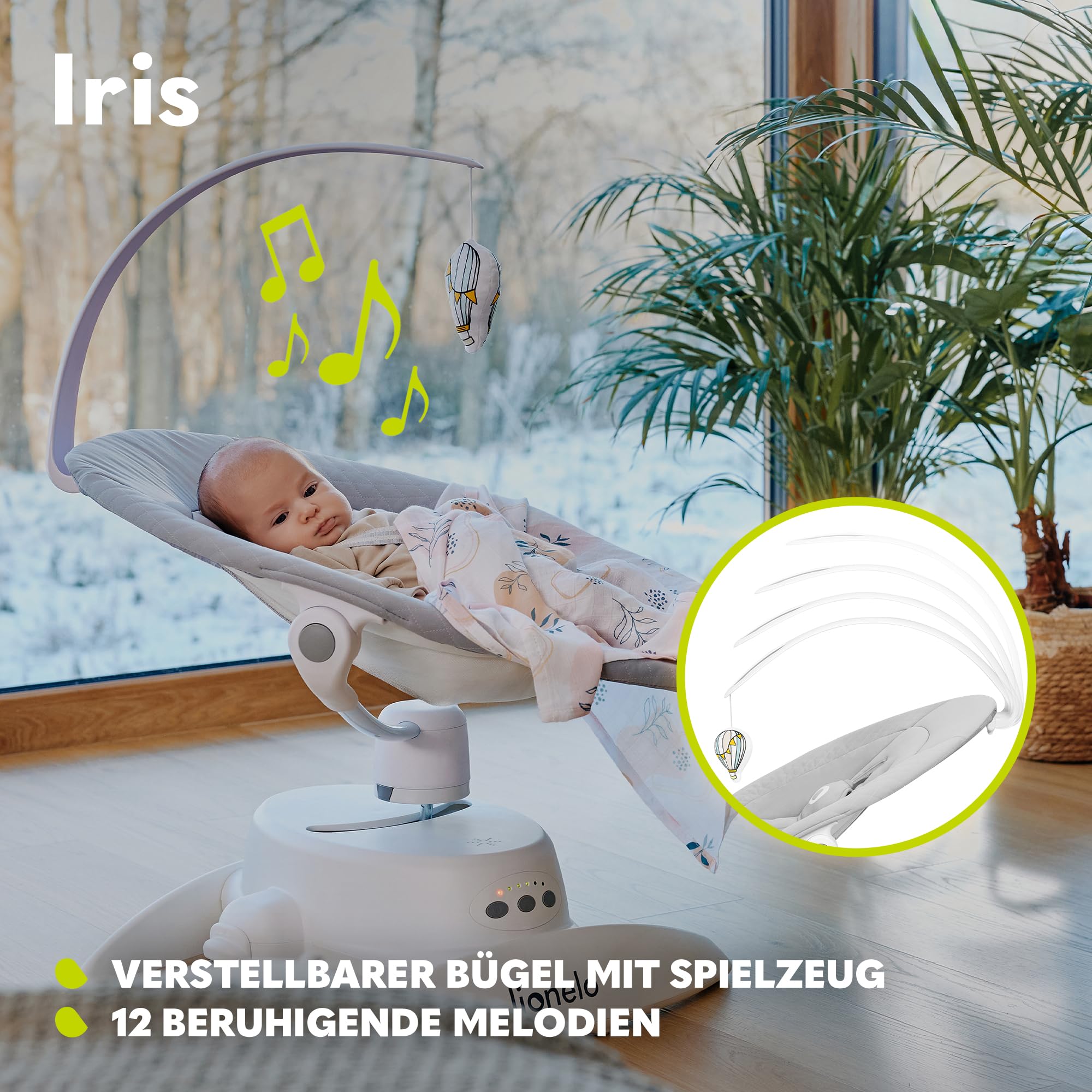 LIONELO Iris Elektrisch Babywippe 360o drehbar für Babys bis zu 9 kg | Verstellbare Rückenlehne, 5 Wiegegeschwindigkeiten Rutschfester Sicherheitsgurt, 12 Melodien Bügel mit Spielzeug Babypflege
