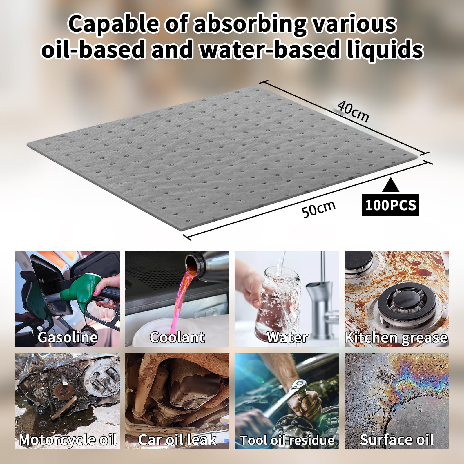 Alfombrillas industriales absorbentes de derrames, polipropileno resistente para control de fugas de aceite, agua, ácidos y álcalis en entornos interiores y de taller