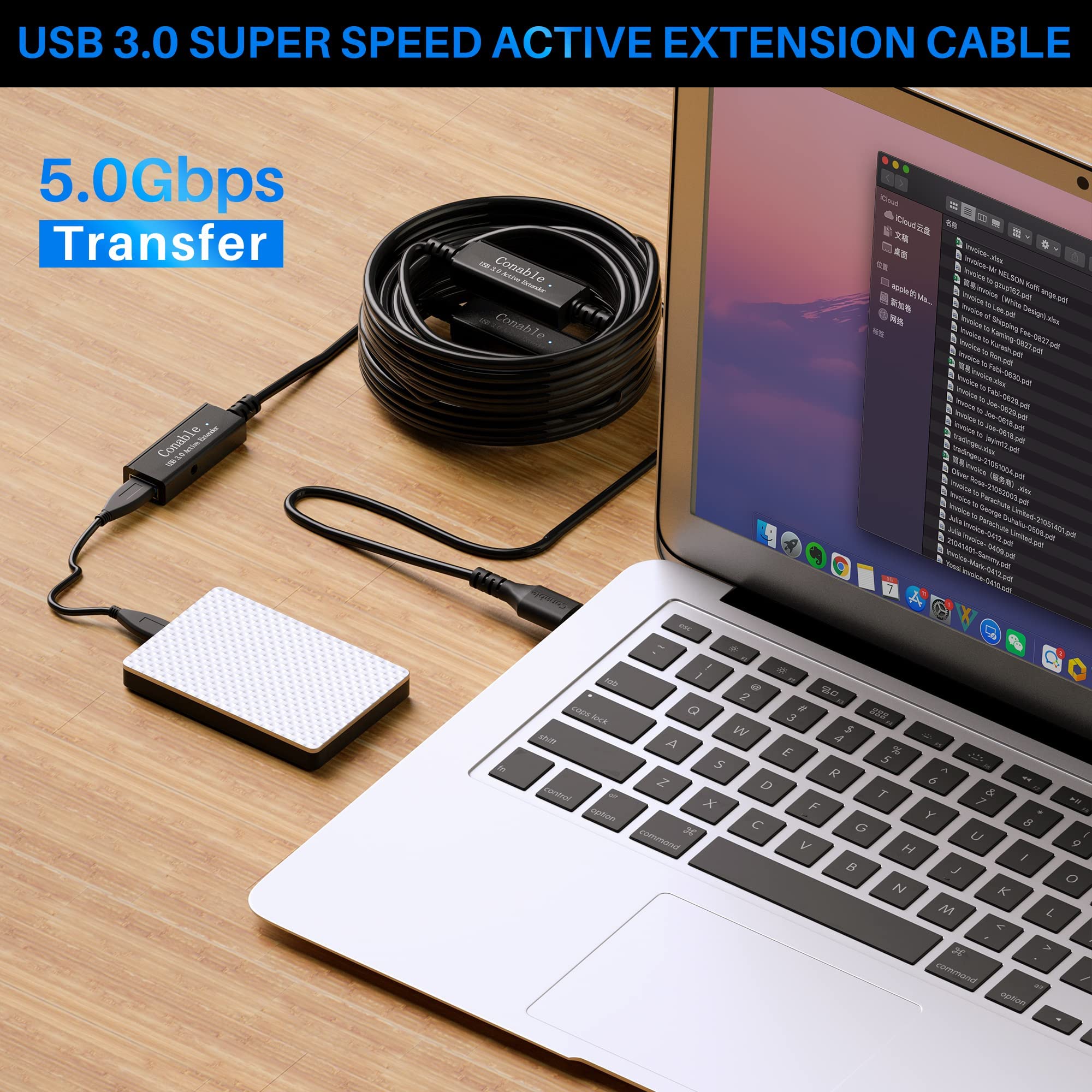 Cable de extensión activo USB 3.0 de 75 pies, cable extensor USB tipo A macho a hembra, 3 chips inteligentes de refuerzo de señal integrados, transferencia de 5 Gbps, cable de extensión USB negro con