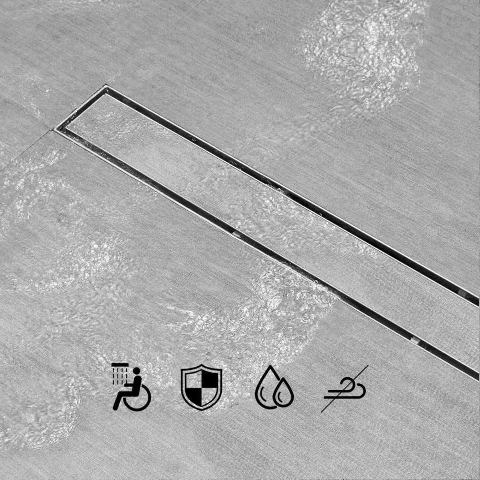 SaniteModar Desagüe de ducha lineal cepillado de 61 cm con rejilla de inserción de azulejos | AISI 304 - Drenaje de suelo de ducha rectangular de acero inoxidable cepillado con aleteo de pelo y patas ajustables