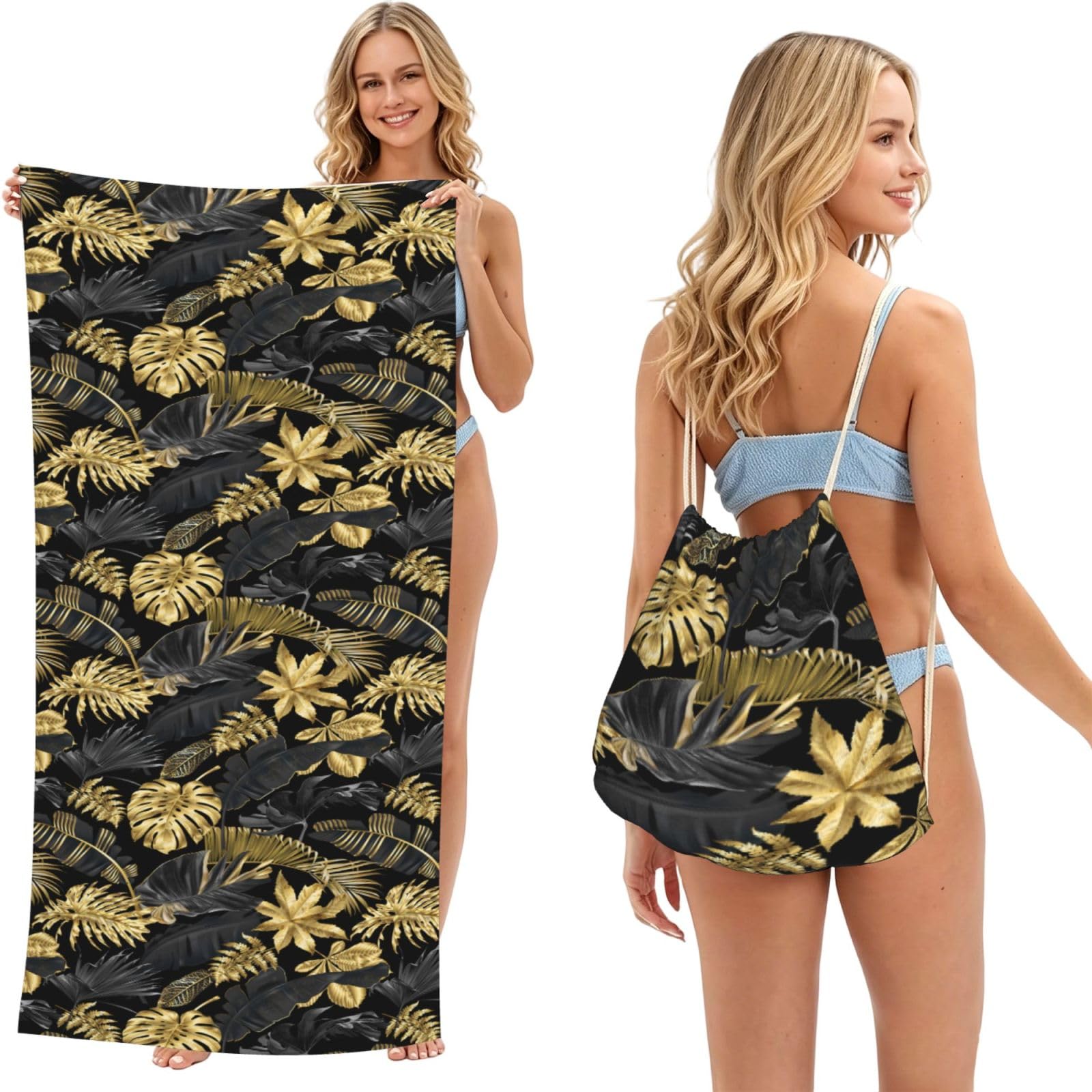 Poadnly As Picture Gold Black Tropical Leaves, 2 In 1 Packable Towel Bag, Beach Towels With Drawstring Backpack For Travel Holiday Camping