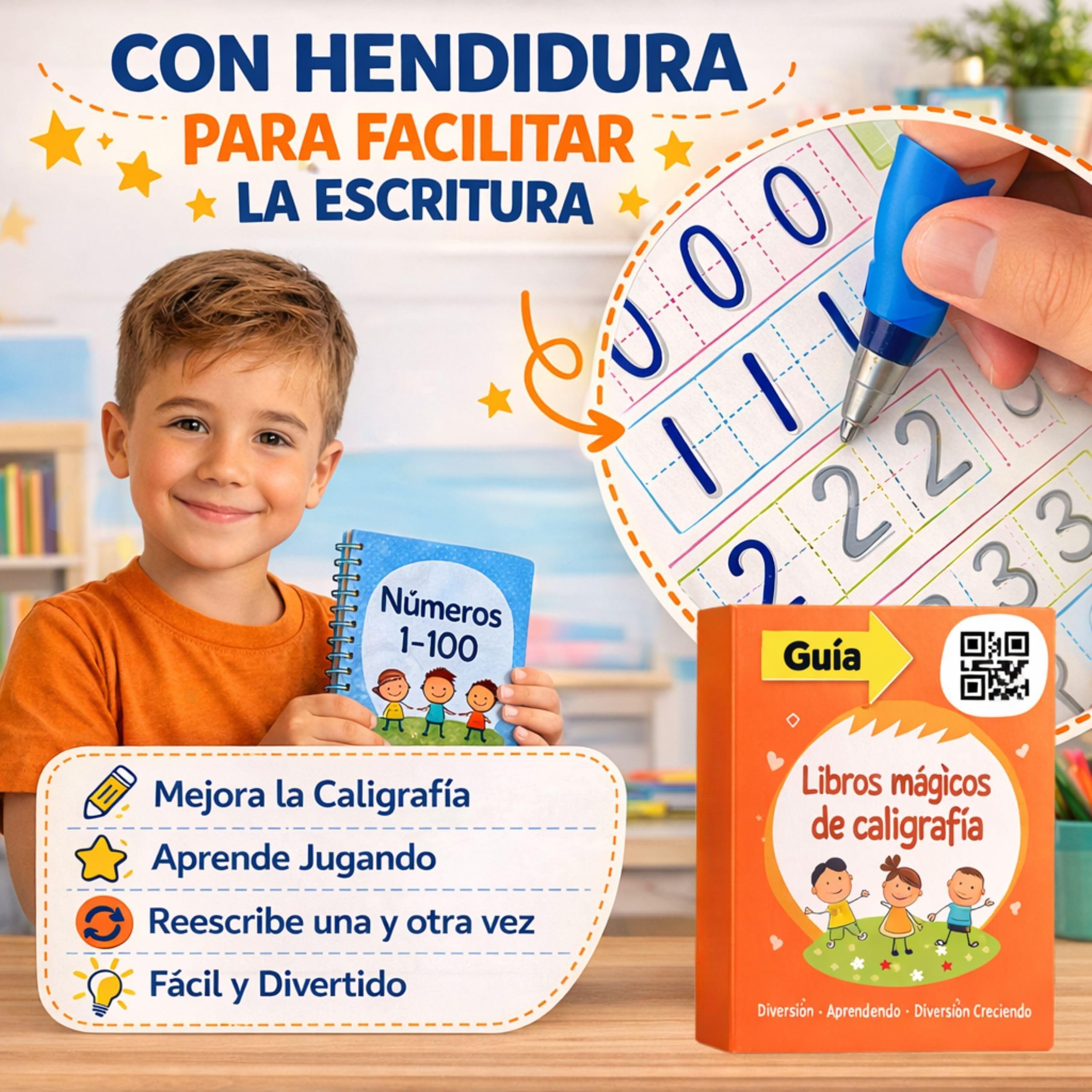 Caligrafia Niños de 4 hasta 8 Años - Cuaderno Caligrafia Infantil Aprender a Escribir y Dibujar - 5 Libros Magicos de Escritura Trazado de Lineas -Incluye Boligrafos Magicos, 20 Recambios y un Estuche