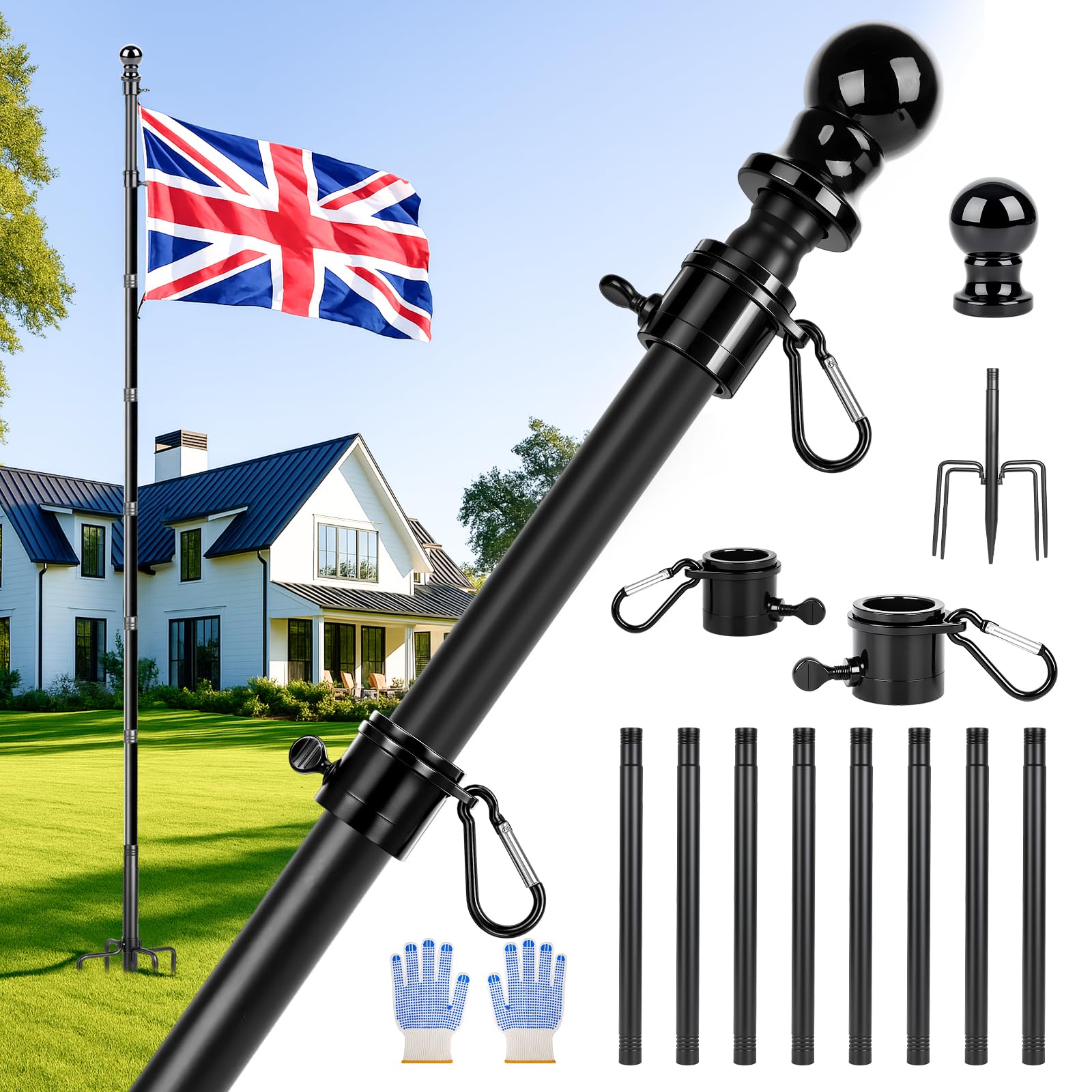 12 FT Flag Pole for Garden, Flagpole Kit with 5 Prongs Base, Heavy Duty Ground Flag Poles for Outside House, Extra Thick FlagPoles for Outdoor Backyard Garden (No Flag)-picture-26
