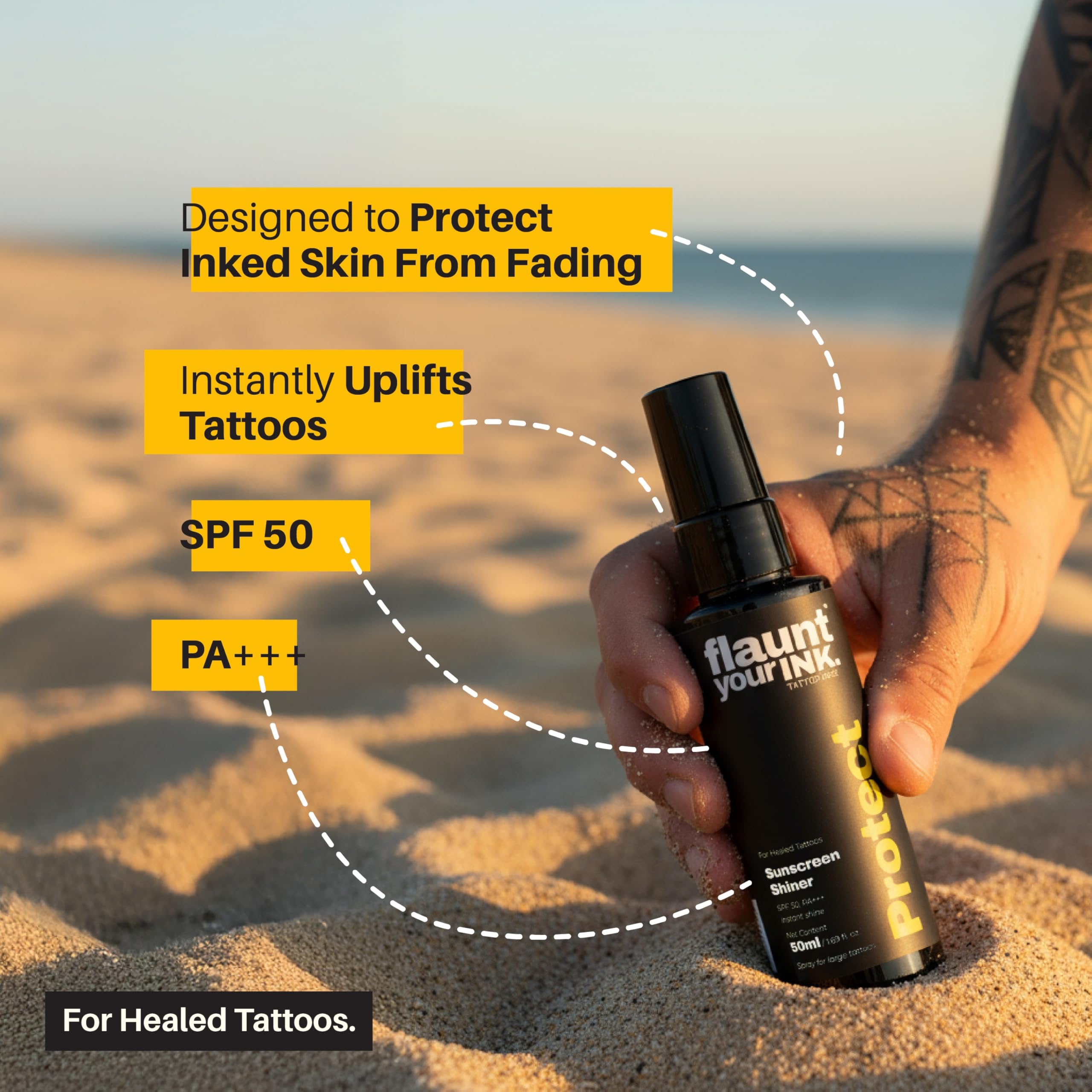 Flaunt Your Ink Tattoo Shiner with SPF 50 PA+++ | UV Protection for Tattooed Skin | Lightweight Sunscreen Spray with Vitamin E & Bisabolol | Enhances Ink & Prevents from Tattoo Fading | 50ml (Pack of 1) 1