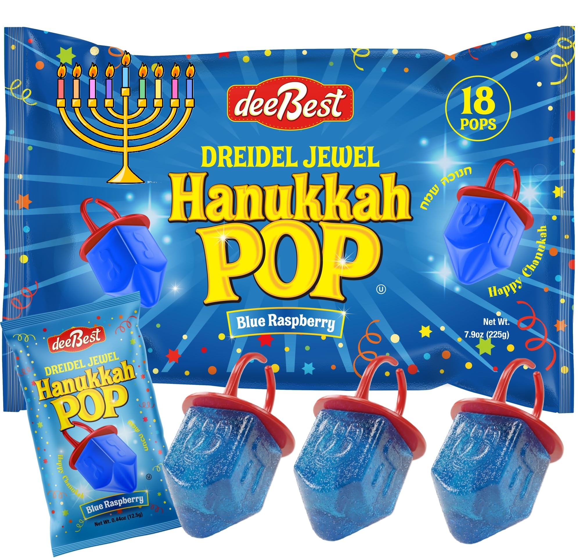Hanukkah Dreidels Jewel Pop Ring Shape Candy - Blue Raspberry 18 Count Individually Wrapped Dreidel - Hanukah Decorations Kosher Candy Party Favor For Kids - Chanukah Gift Bags