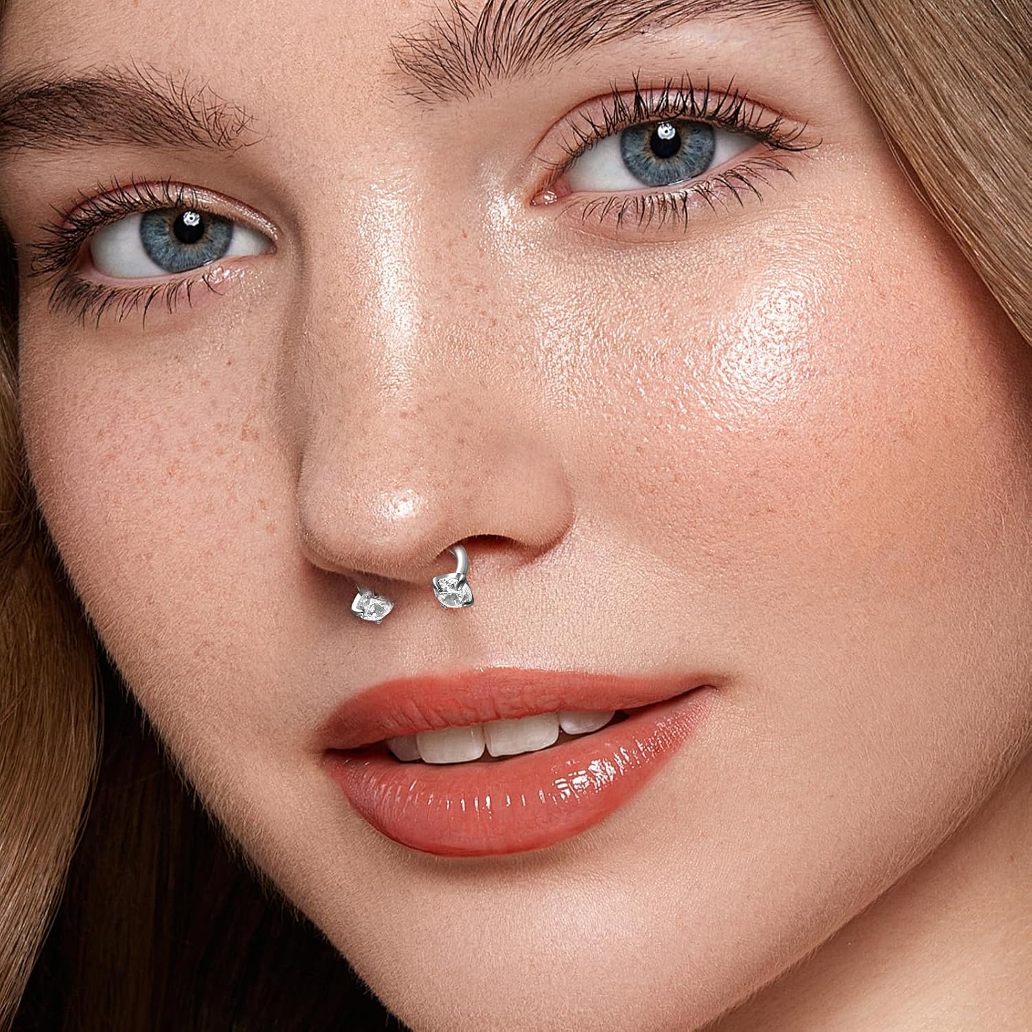18G Horseshoe Nose Ring 6mm 7mm 8mm Titanium Double Gem Horse Shoe Nose Ring Hoop Flat Back Helix Cartilage Lip Piercing Jewelry with Internal Threaded Piercing Taper and Grabber Tool