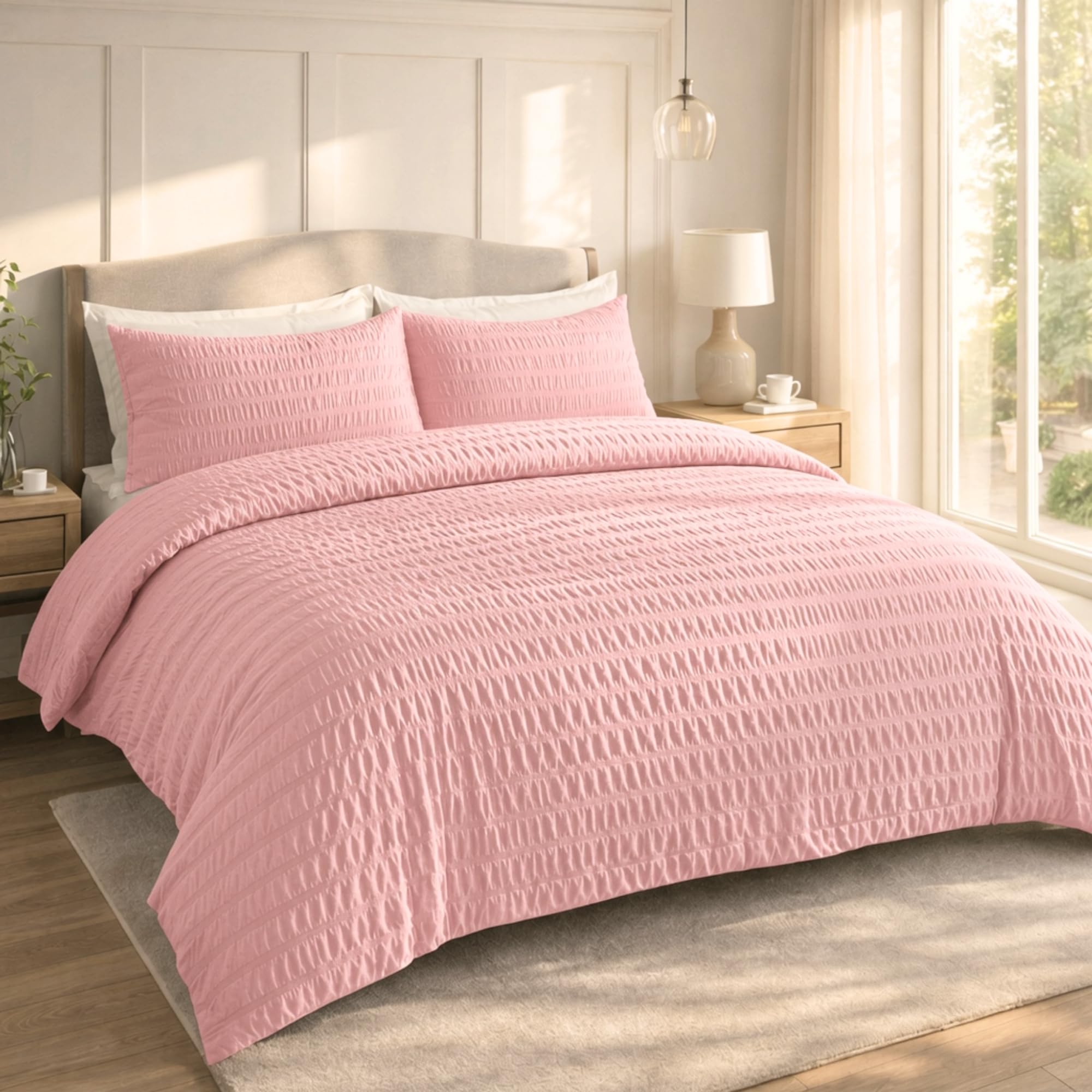 Q & H QUALITY HOUSEHOLD Q&H Bedding Pink Seersucker Duvet Cover Set Single with Pillowcase - Ultra Soft Brushed Microfiber Quilt Cover - Breathable, Textured, Easy Care, Machine Washable