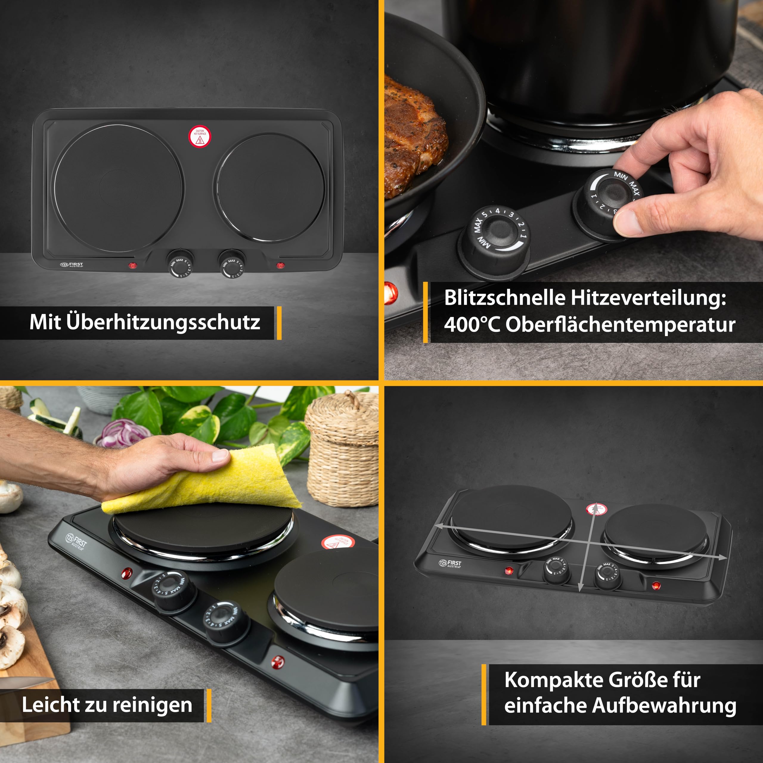 TZS First Austria - Doppelkochplatte 2500W - Gusseisen-Kochfelder 180 & 150 mm - Stufenlose Thermostatsteuerung - Mobile Herdplatte für Camping & Küche - Schwarz