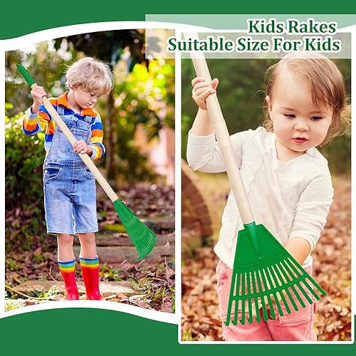 Miniatura 4 de Rastrillo para niños de 31 pulgadas, rastrillo de plástico para hojas, rastrillo pequeño con cabeza de rastrillo de plástico y mango de madera,