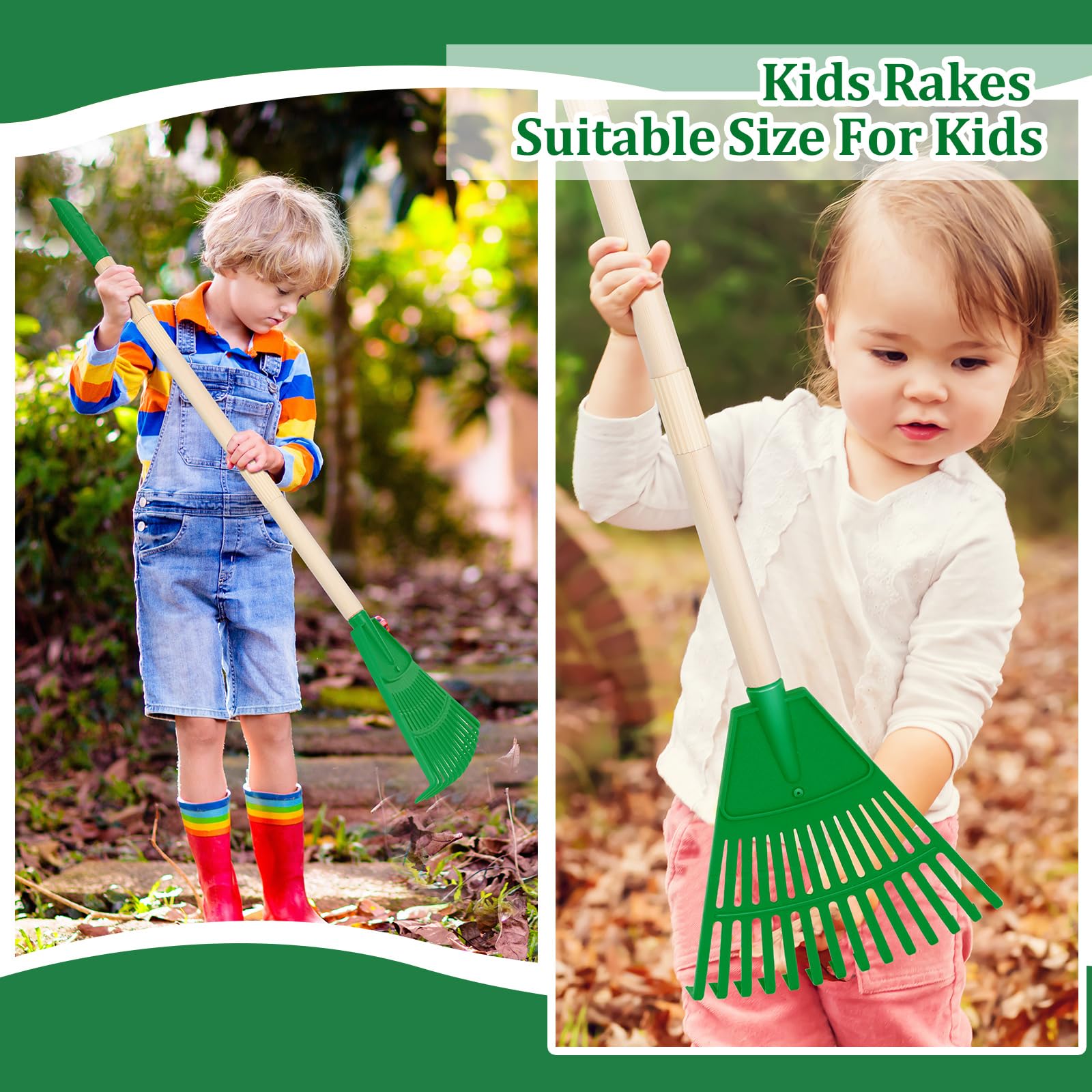 8-Pack Kids Garden Rakes - 31 Inch Child Size Plastic Rakes, Adjustable Wooden Handle, For Leaf Cleaning & Gardening