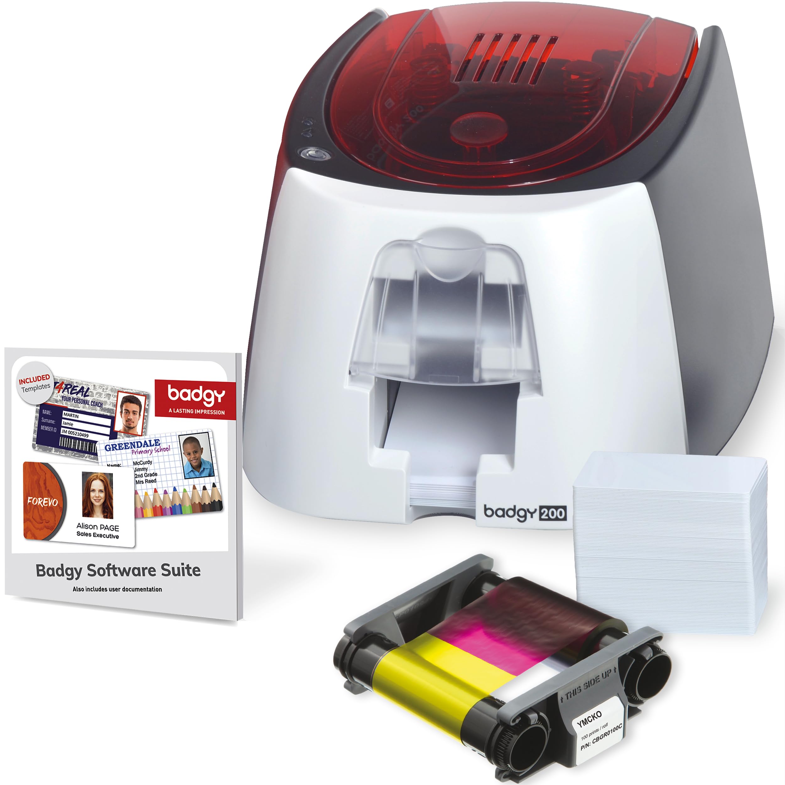 Badgy200 Plastic Card Printer with Badge Studio+ ID design software for full color, custom, tamper proof ID badges in seconds