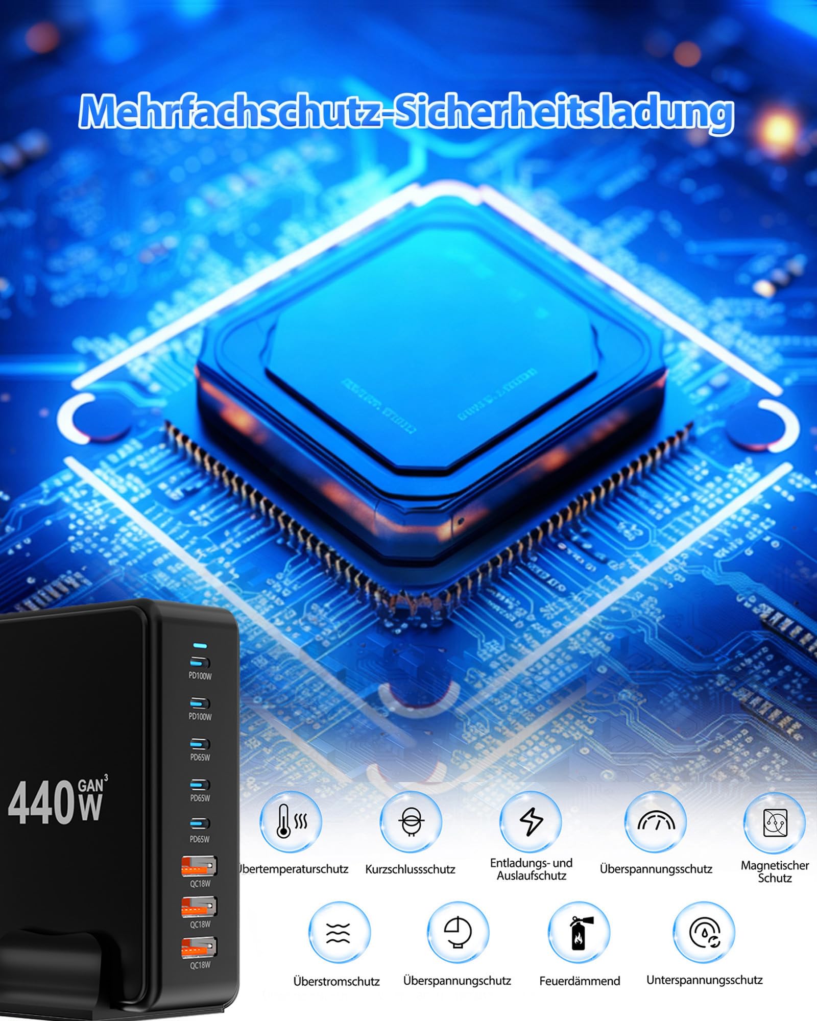 Ładowarka USB C, wielokrotna: 440 W, ładowarka PD/QC 3.0, szybka ładowarka do smartfonów, laptopów, tabletów (440 W, czarna)