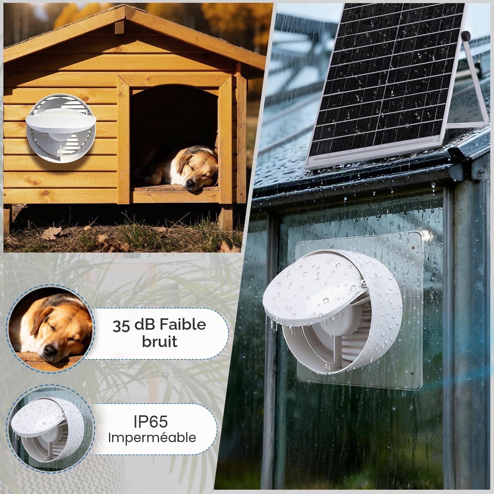 Ventilateur Solaire avec Batterie 6000mAh, Panneau Solaire 22W, Câble de 4m | Ventilation et Minuterie, Vitesses Réglables, Ø200mm, 500 m³/h, 36dB, étanches IP65 Ventilateur Camping pour Serre, Extérieur