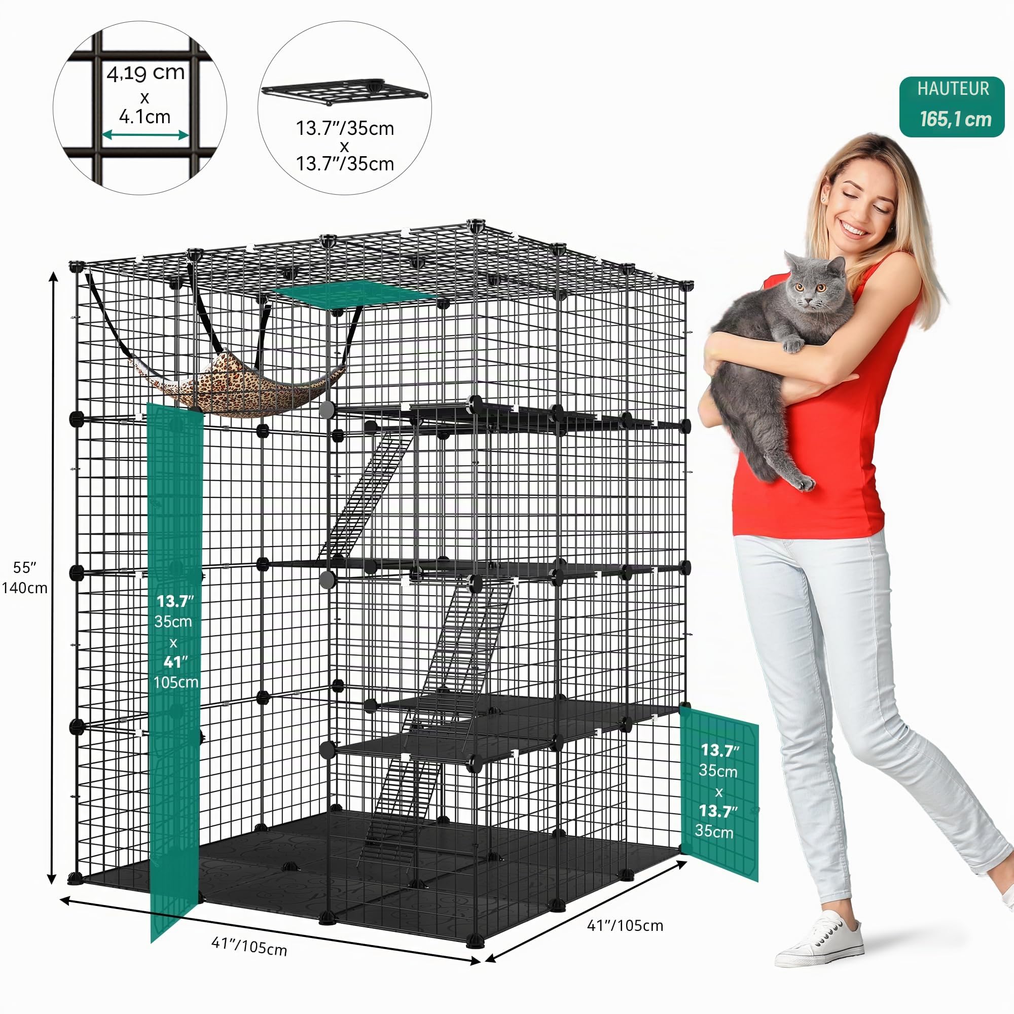 YITAHOME Grande Cage pour Chat à 4 Niveaux, Enclos pour Chats avec Hamac Amovible, Chenils Intérieur/Extérieur, Métal Amovible, Clôture pour Petits Animaux pour 1 à 4 Chats, 105 x 105 x 140 cm
