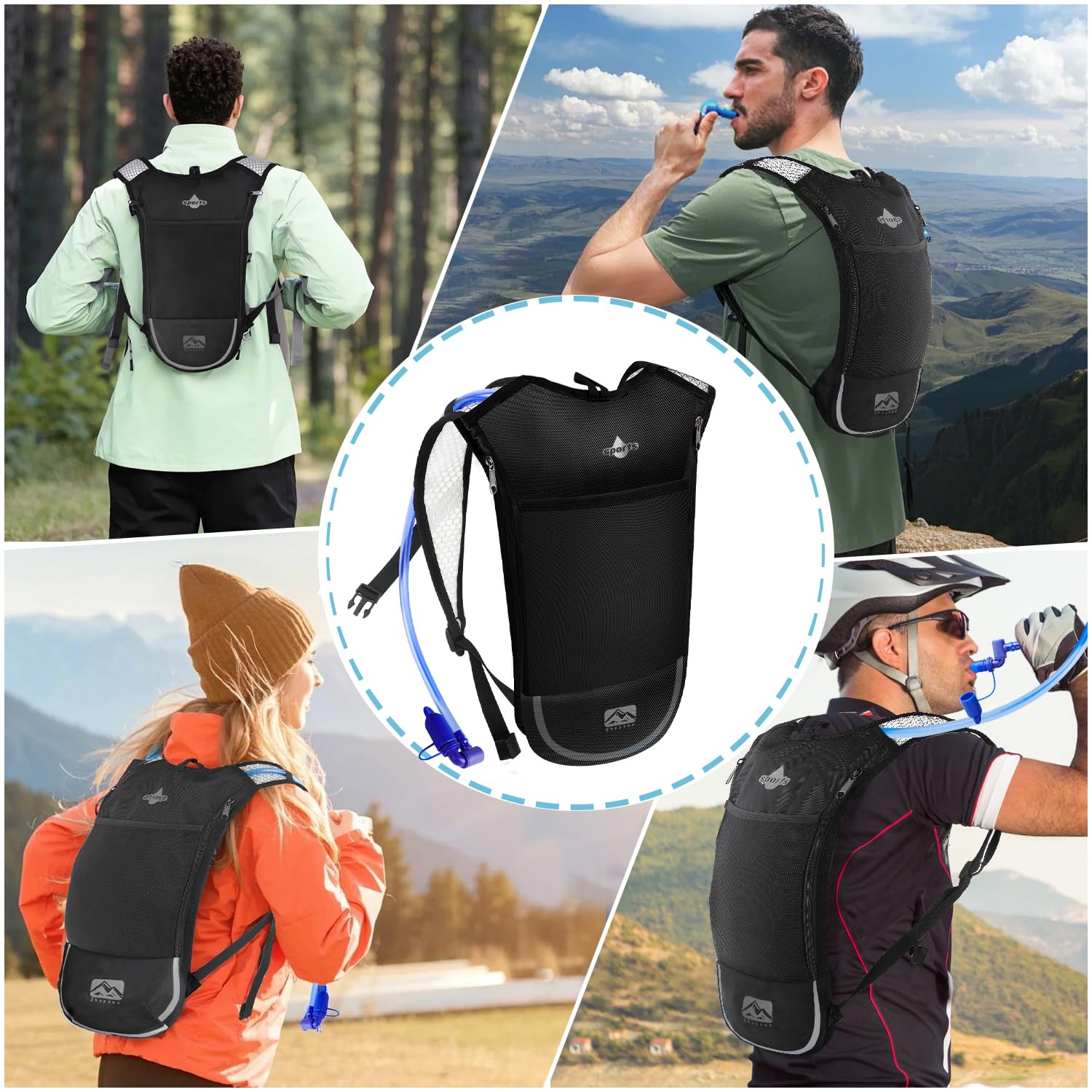 Mochila de hidratación con Bolsa de hidratación de 2 litros, Ligera y Transpirable, con 3 Bolsillos de Capa, Correas de Hombro reforzadas para Senderismo, Correr, Ciclismo