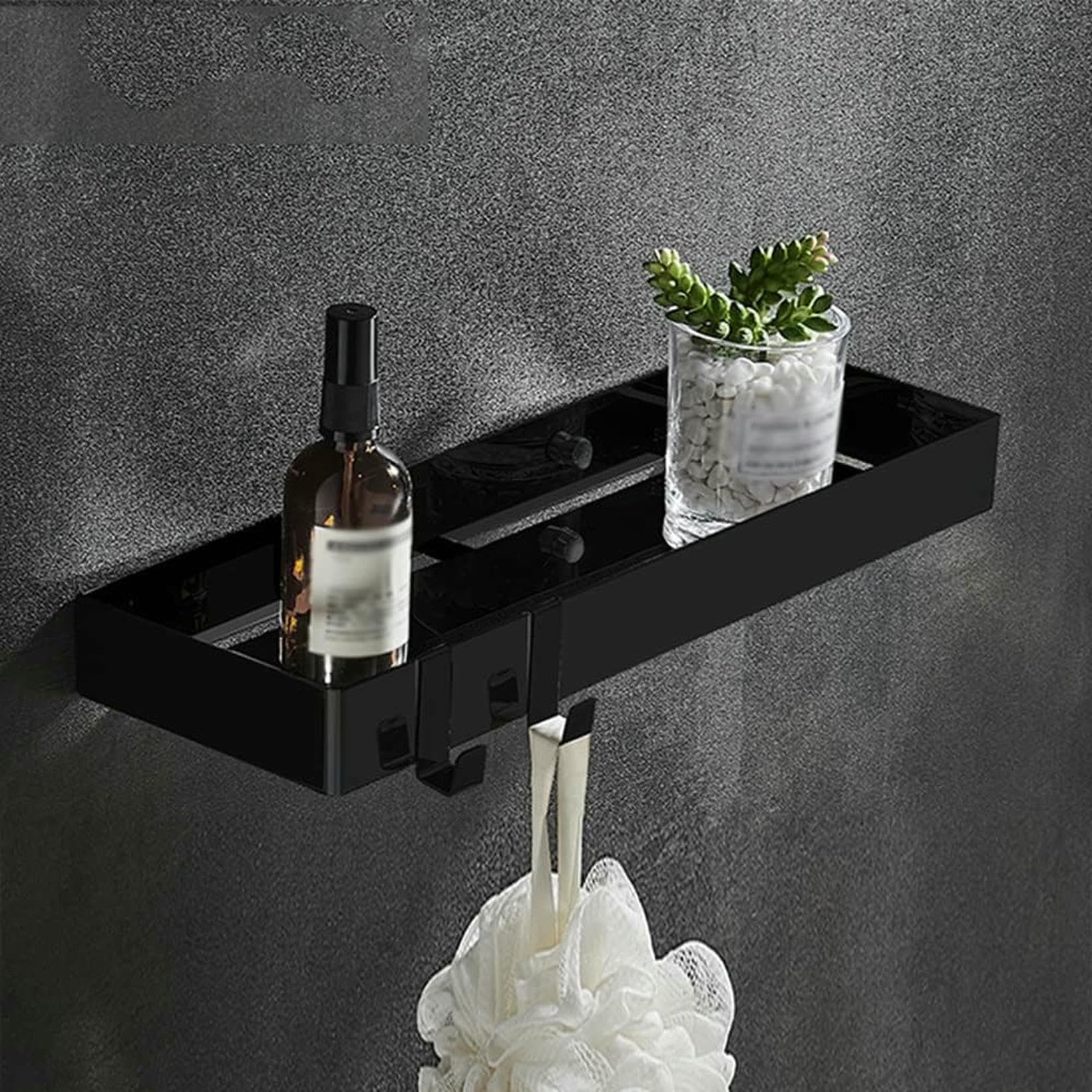 CWCQGH Wall Mounted Bathroom Shelf - Sturdy Floating Storage Rack with Hook for Cosmetics and Kitchen Spices - Rectangular Design,1 Layer of Black-30Cm
