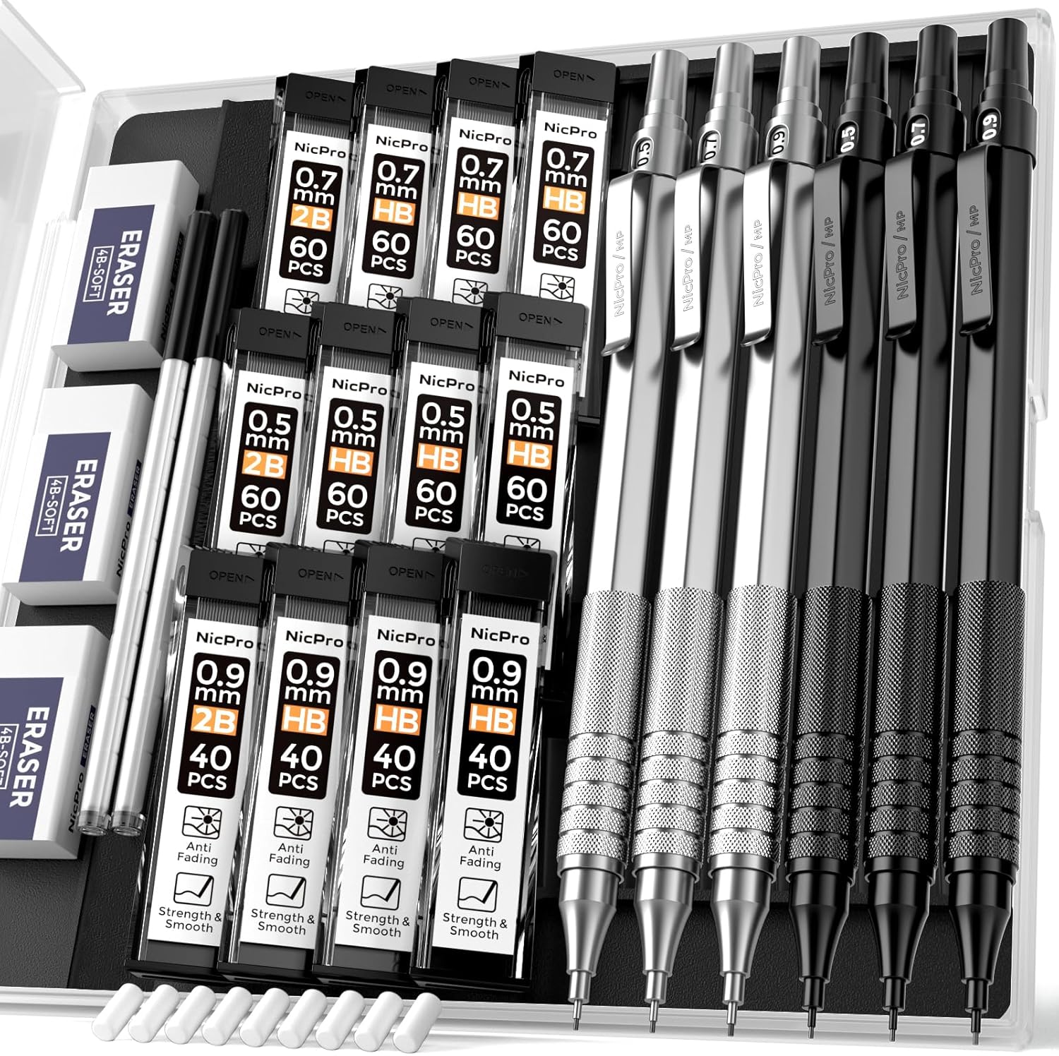 Nicpro 0.5 & 0.7 & 0.9 mm Metal Mechanical Pencil Set with Case, 6PCS MP1000 Artist Lead Pencil with 12 Tubes HB & 2B Lead Refills, 3 Erasers For Architect Art Writing Drafting Sketching Drawing Nicpro 0.5 & 0.7 & 0.9 mm Metal Mechanical Pencil Set with Case, 6PCS MP1000 Artist Lead Pencil with 12 Tubes HB & 2B Lead Refills, 3 Erasers For Architect Art Writing Drafting Sketching Drawing