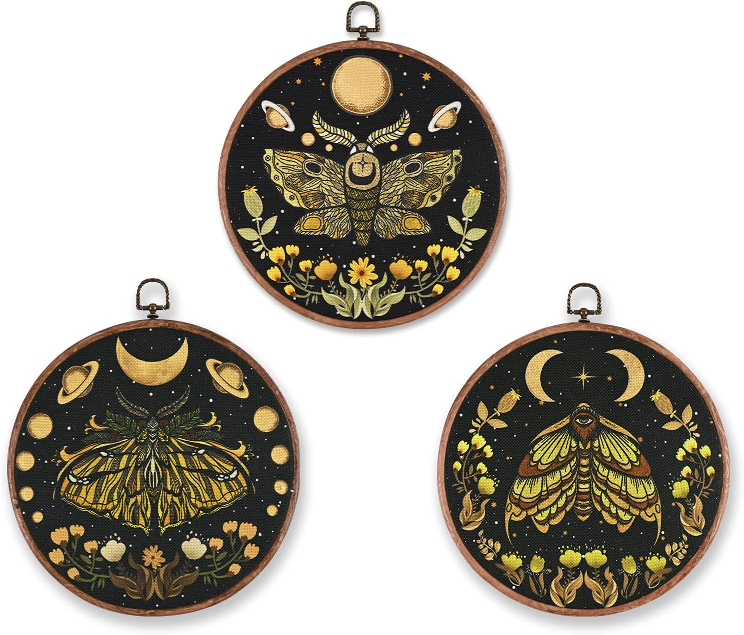 Uspring 3 Pcs Moon Prints Wall Art, Moth Canvas Prints Flower Vines Painting Artwork Floral Butterfly Prints Decor Wall Hanging for Bedroom, Hall, Living Room (Rubber Frame, 9.8 inches)