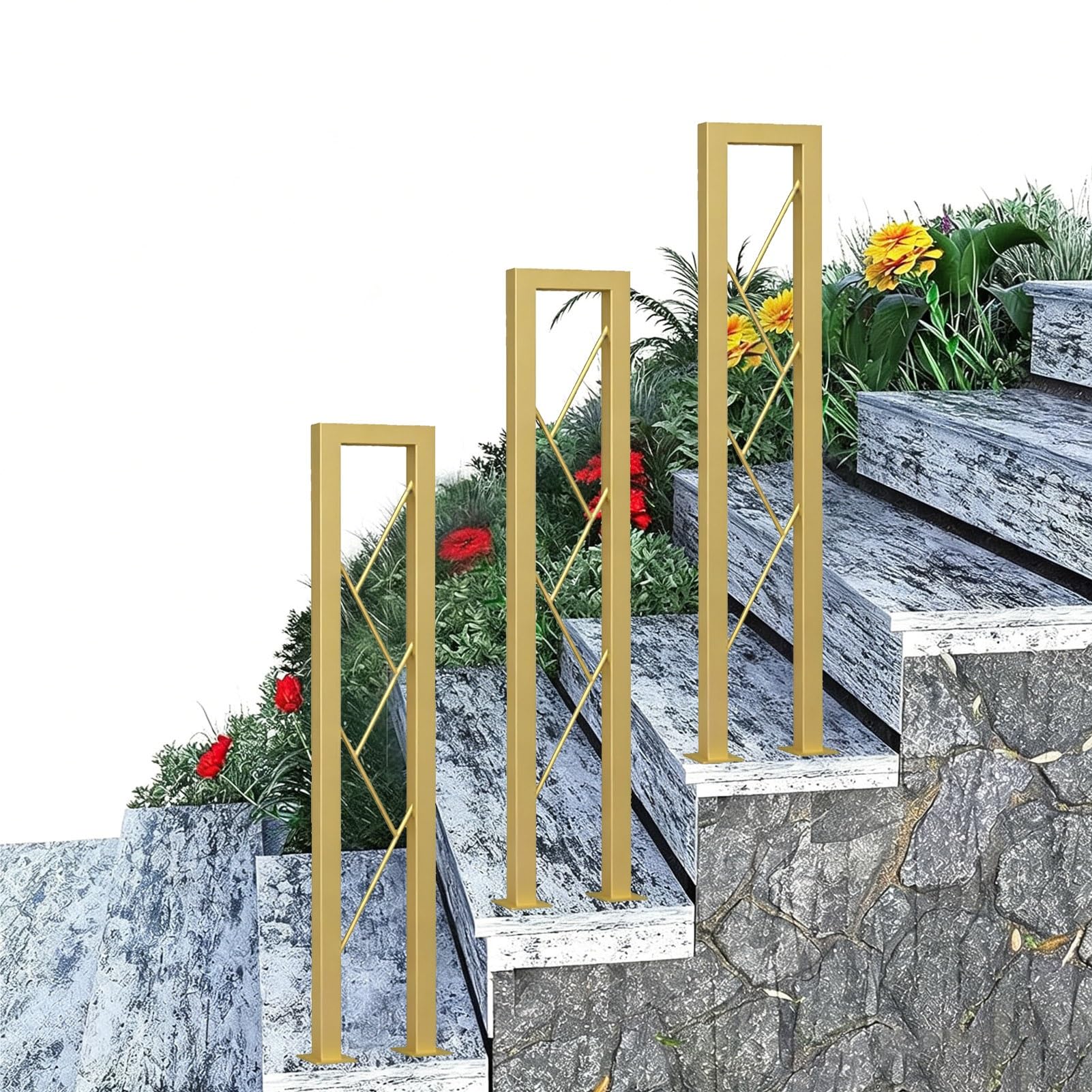 U-Shaped Porch Deck Hand Rail Picket Fits 1 Steps, Outdoor Stair Railing Industrial Wrought Iron Grab Rails for Cement Concrete Steps Floor Mount, Gold(75cm/30in)
