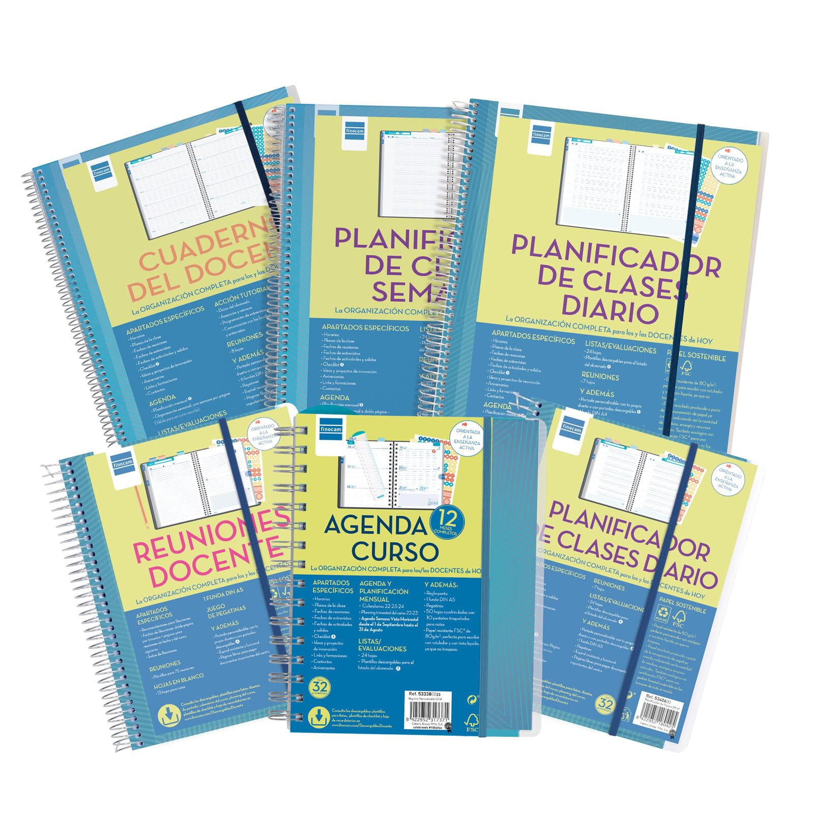 Finocam - Planificador de Clases Semanal | Organiza Hasta 8 Horas | Anualidad sin Fecha | con Pegatinas y 2 Fundas Transparentes | Espiral Metálica | Portada Personalizable, 230x310mm Grande | Español