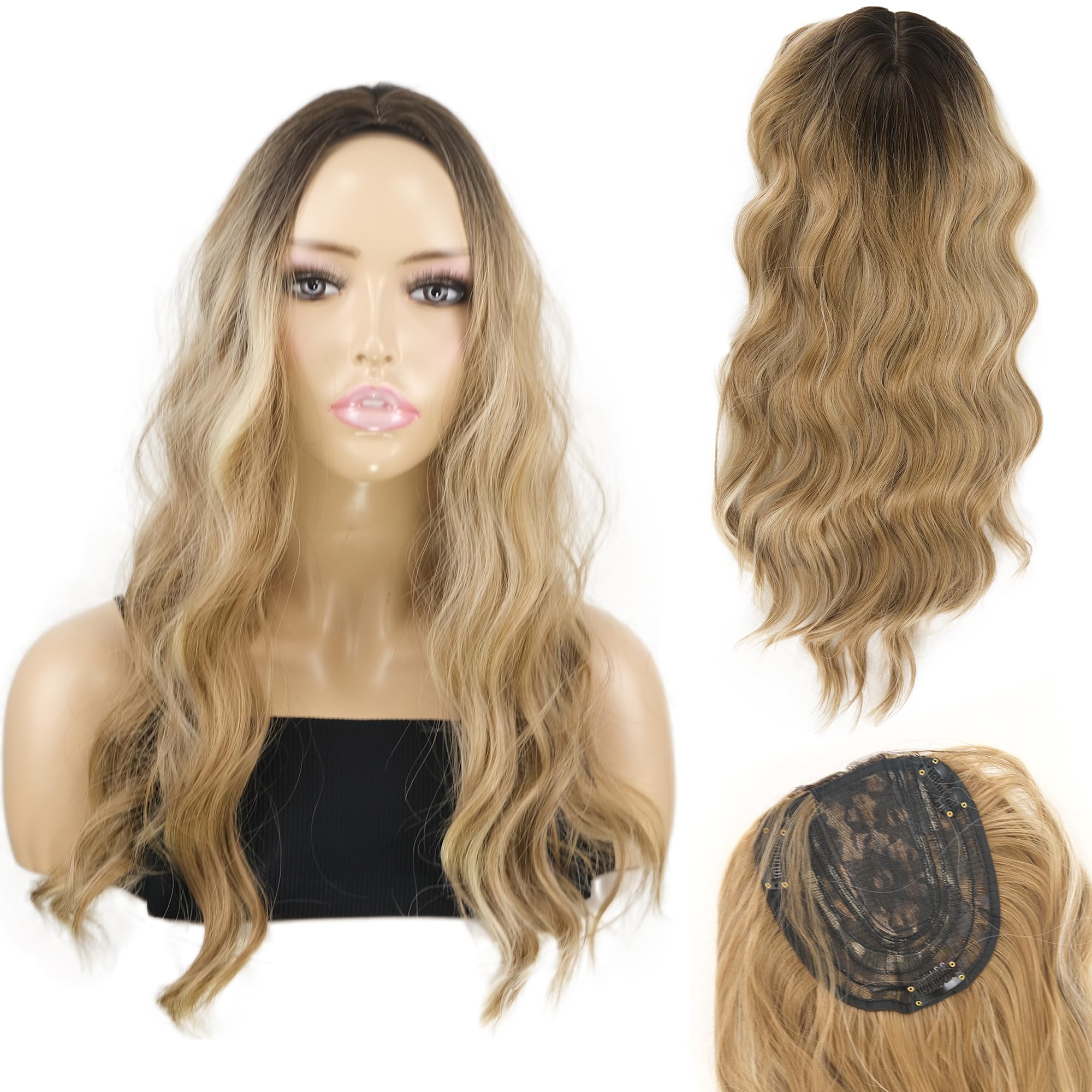 onemily Hair Toppers for Women 20 Inch Long Wavy Synthetic Wiglets Brown Blonde with Dark Root Clip In Hair Pieces For Women